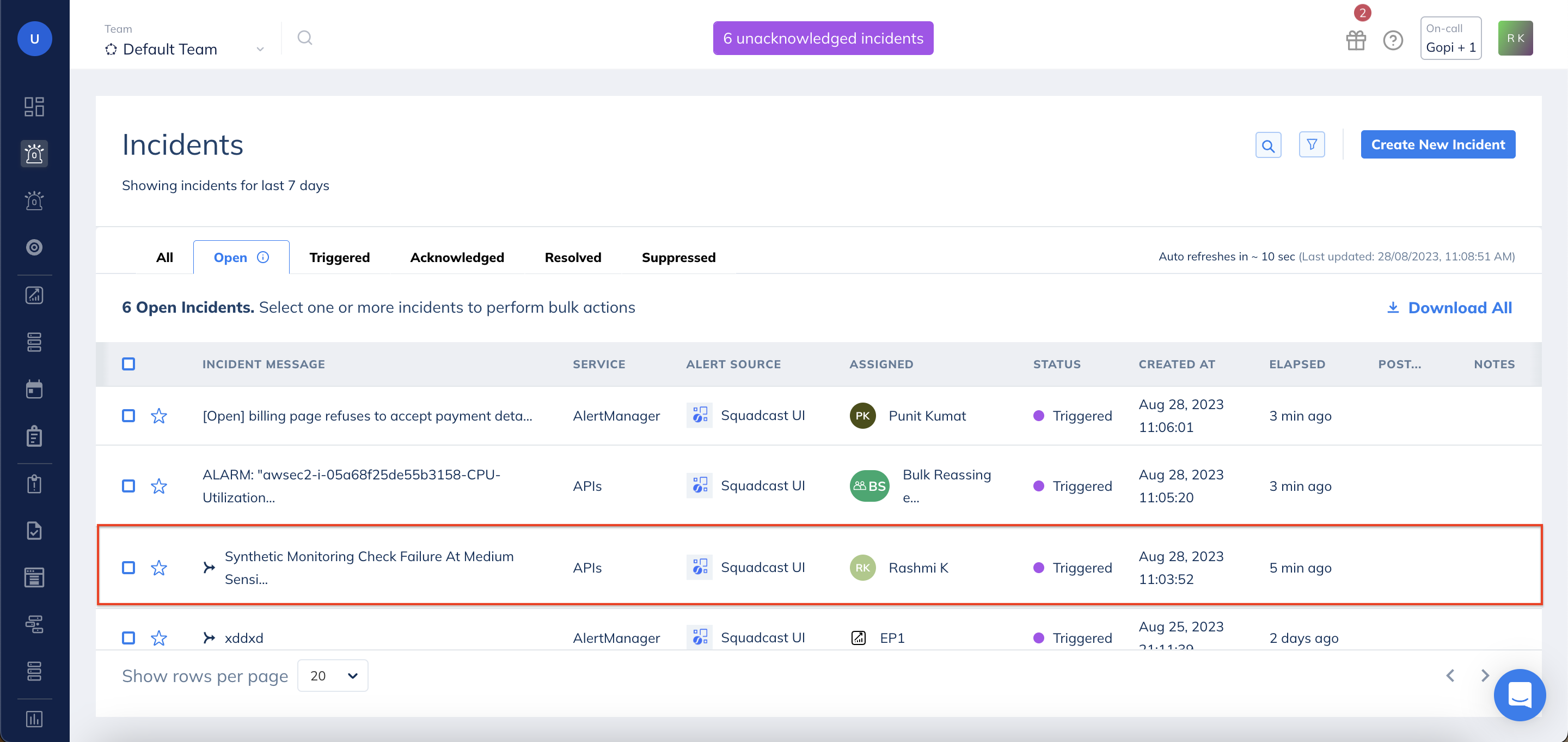 Merged Incident in Incident List in Squadcast for Incident Management