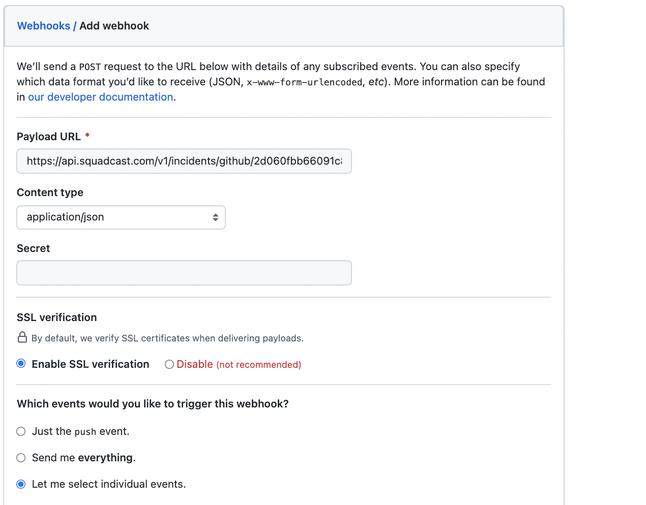 Add a Payload URL and Content type in GitHub