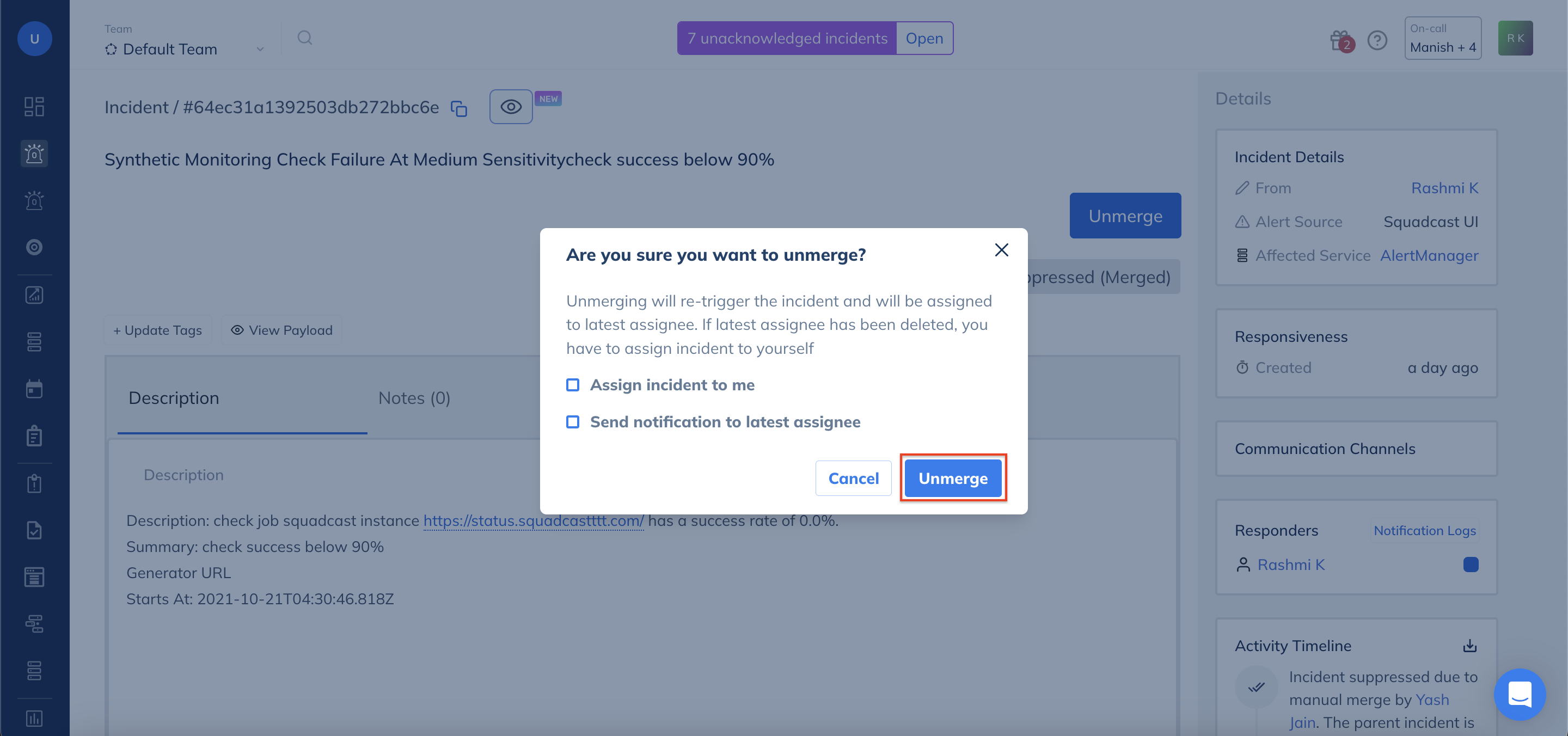 Assign unmerged incident in Squadcast for Incident Management
