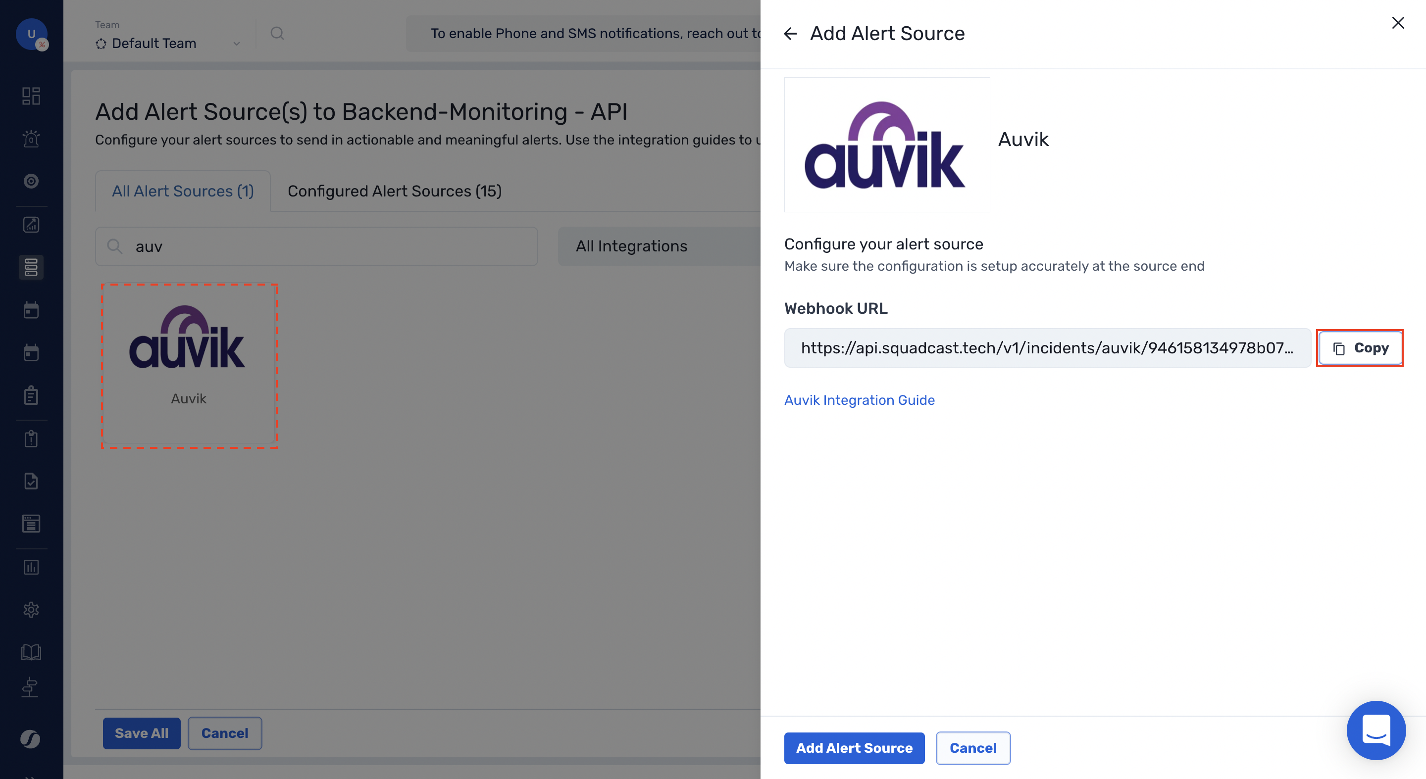 Webhook URL configuration within Auvik in Squadcast