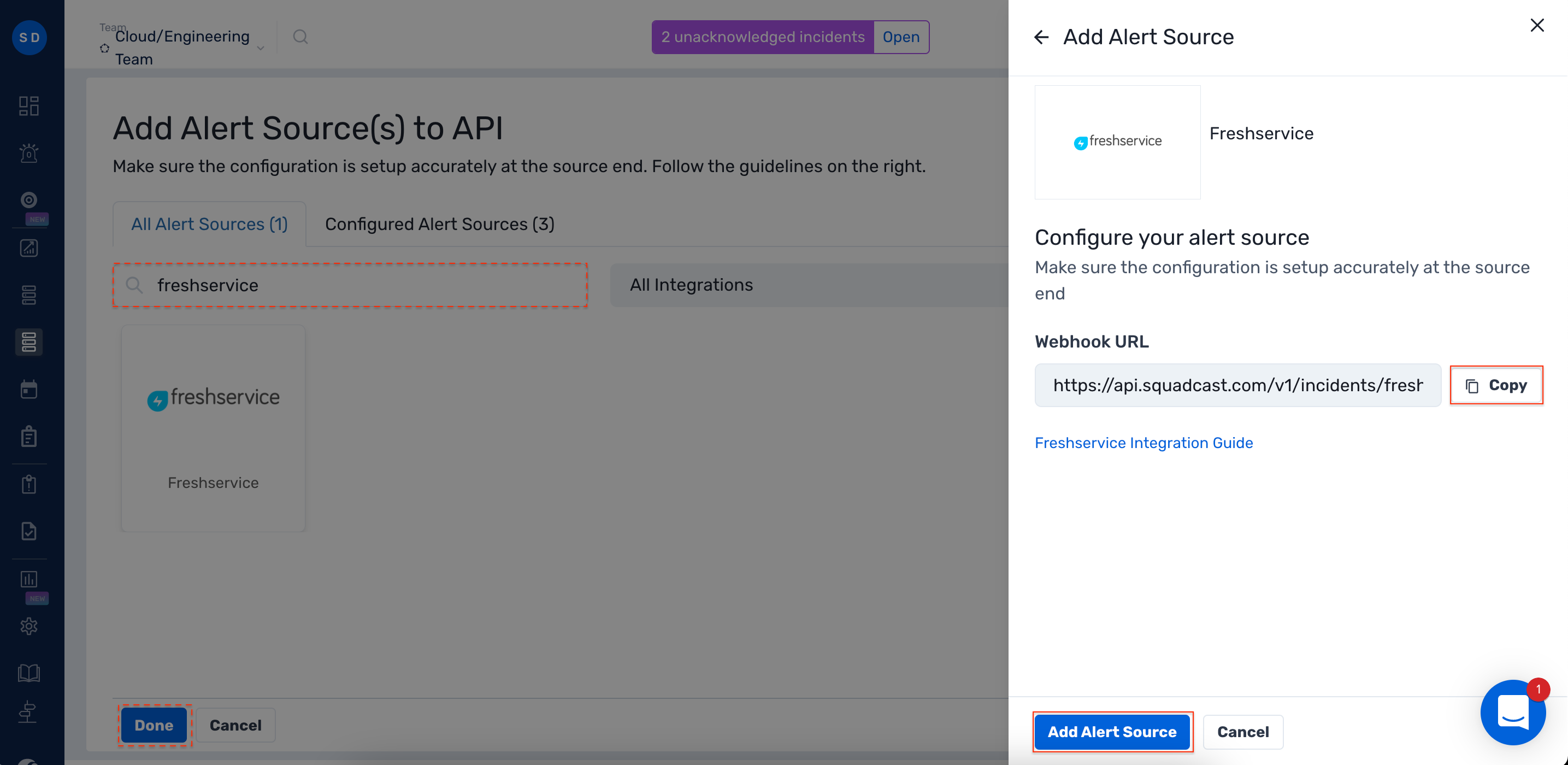 Steps to add Freshservice integration to a service in Squadcast for incident management