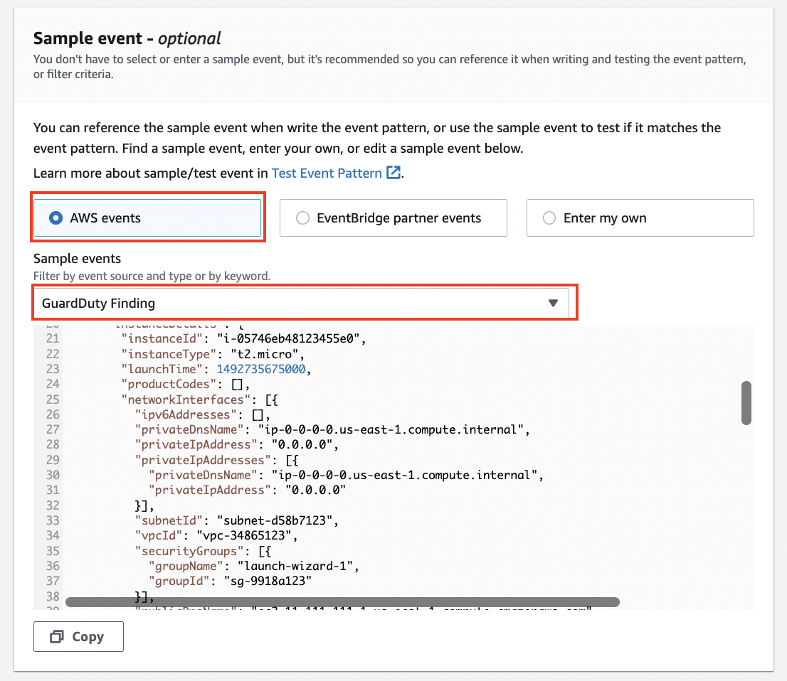 Selection of AWS event in sample event