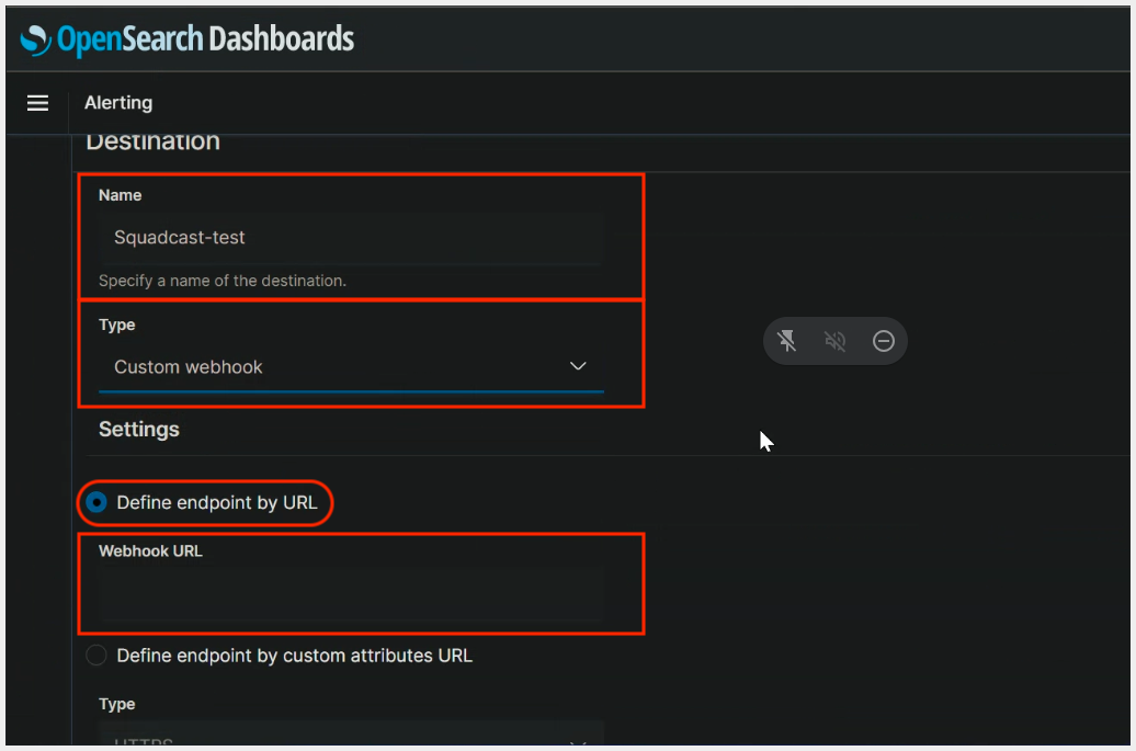 selection of custom webhook type and endpoint URL as webhook URL
