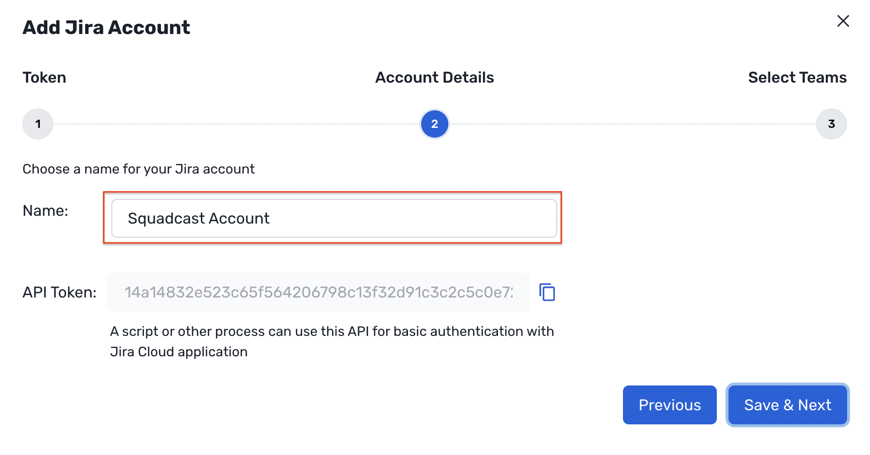 Choose a name for your Jira account in Squadcast
