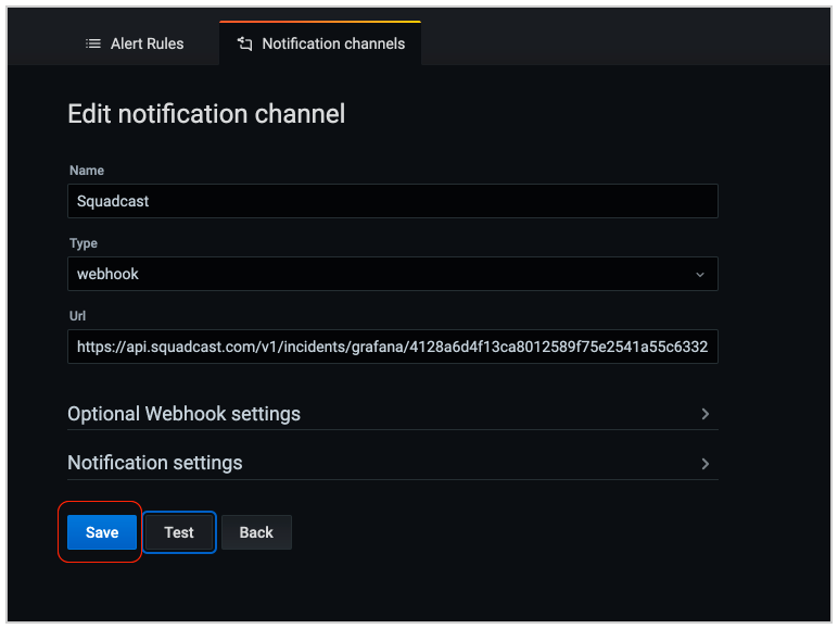 Save the webhook configuration settings in Grafana
