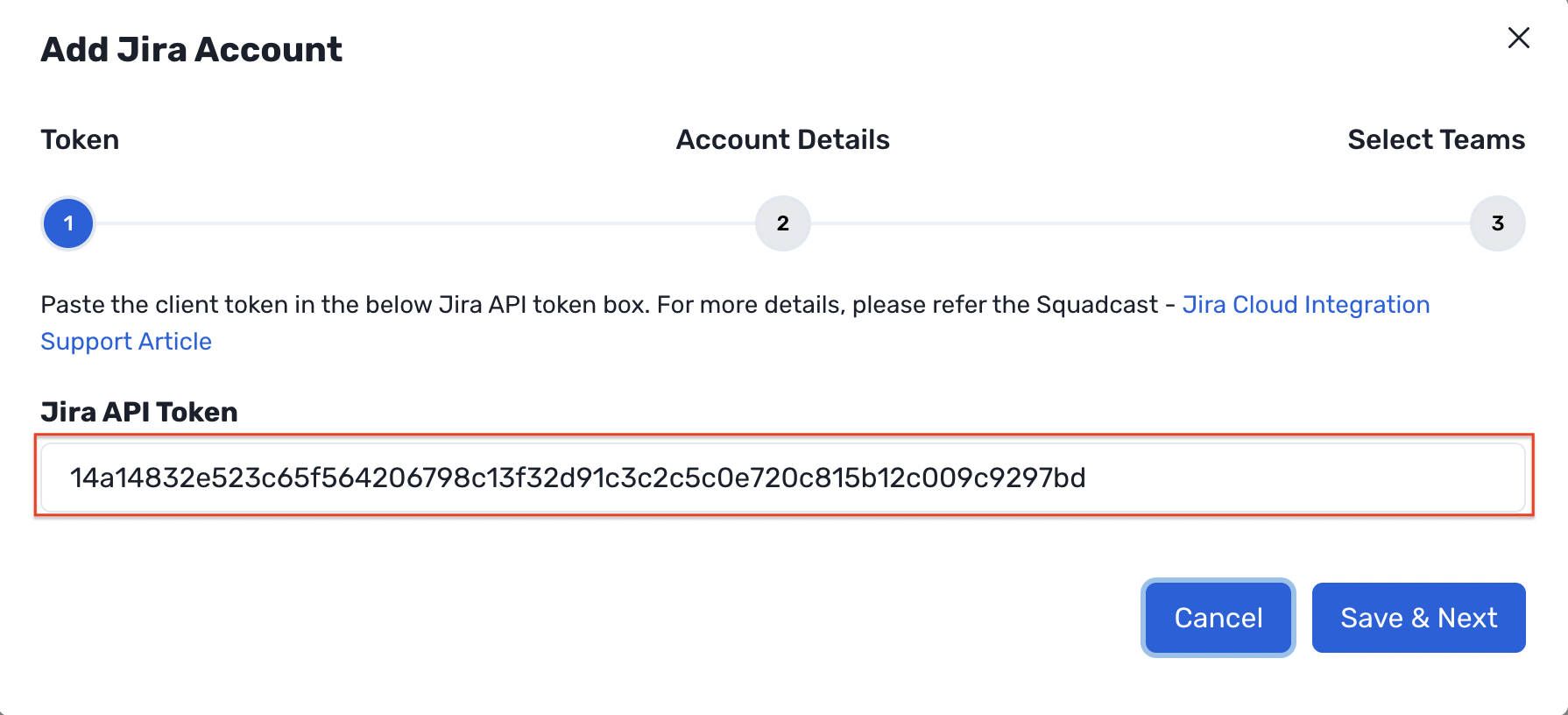 Paste Jira Client Token to add Jira account