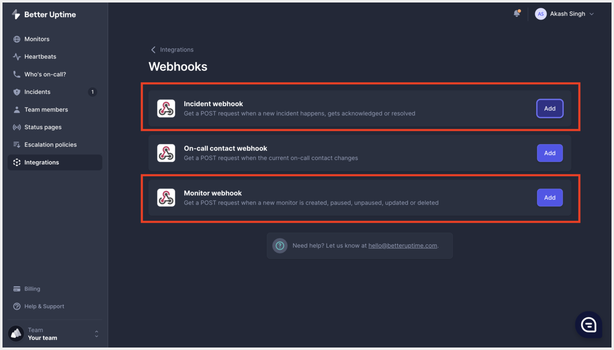 Creating Squadcast Webhook Alert in Better Uptime: Add Squadcast Webhook URL to Incident and Monitor webhook sections