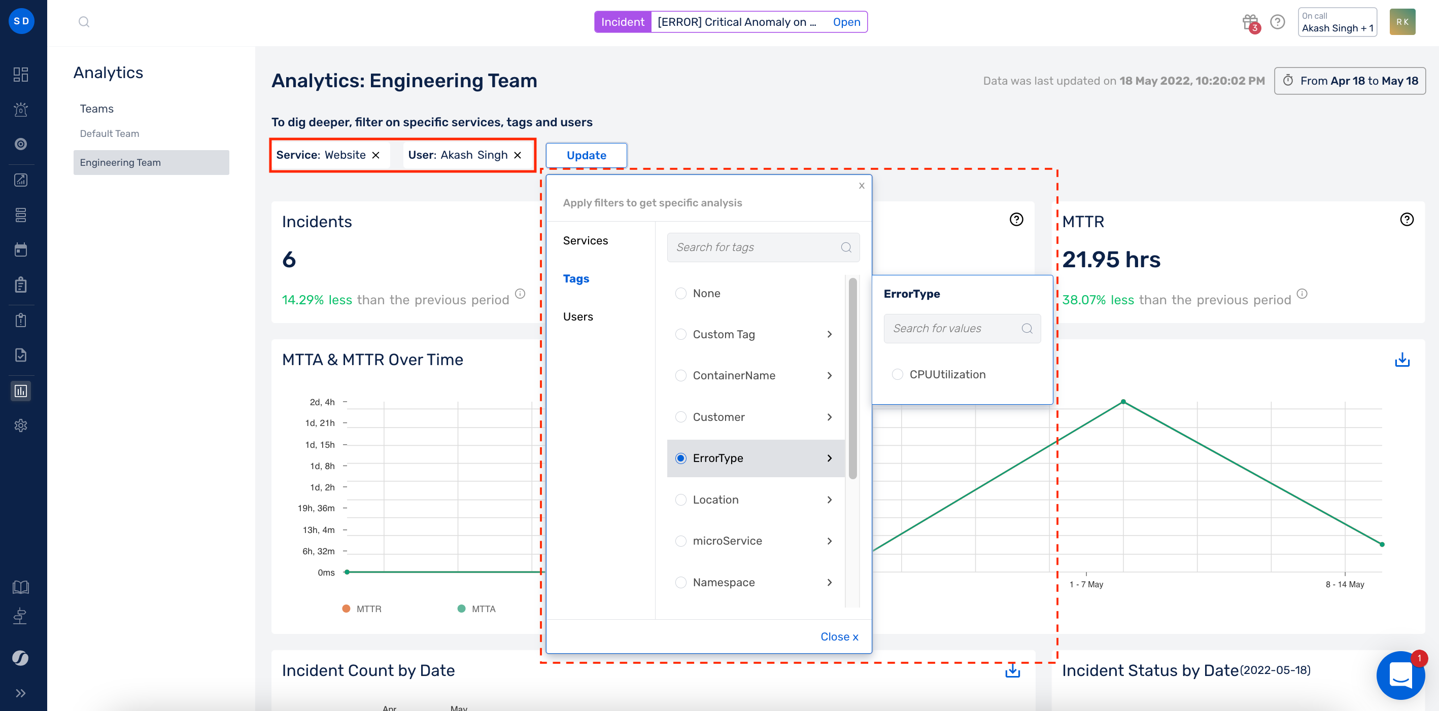 How to filter Team Analytics based on Services, Tags and Users