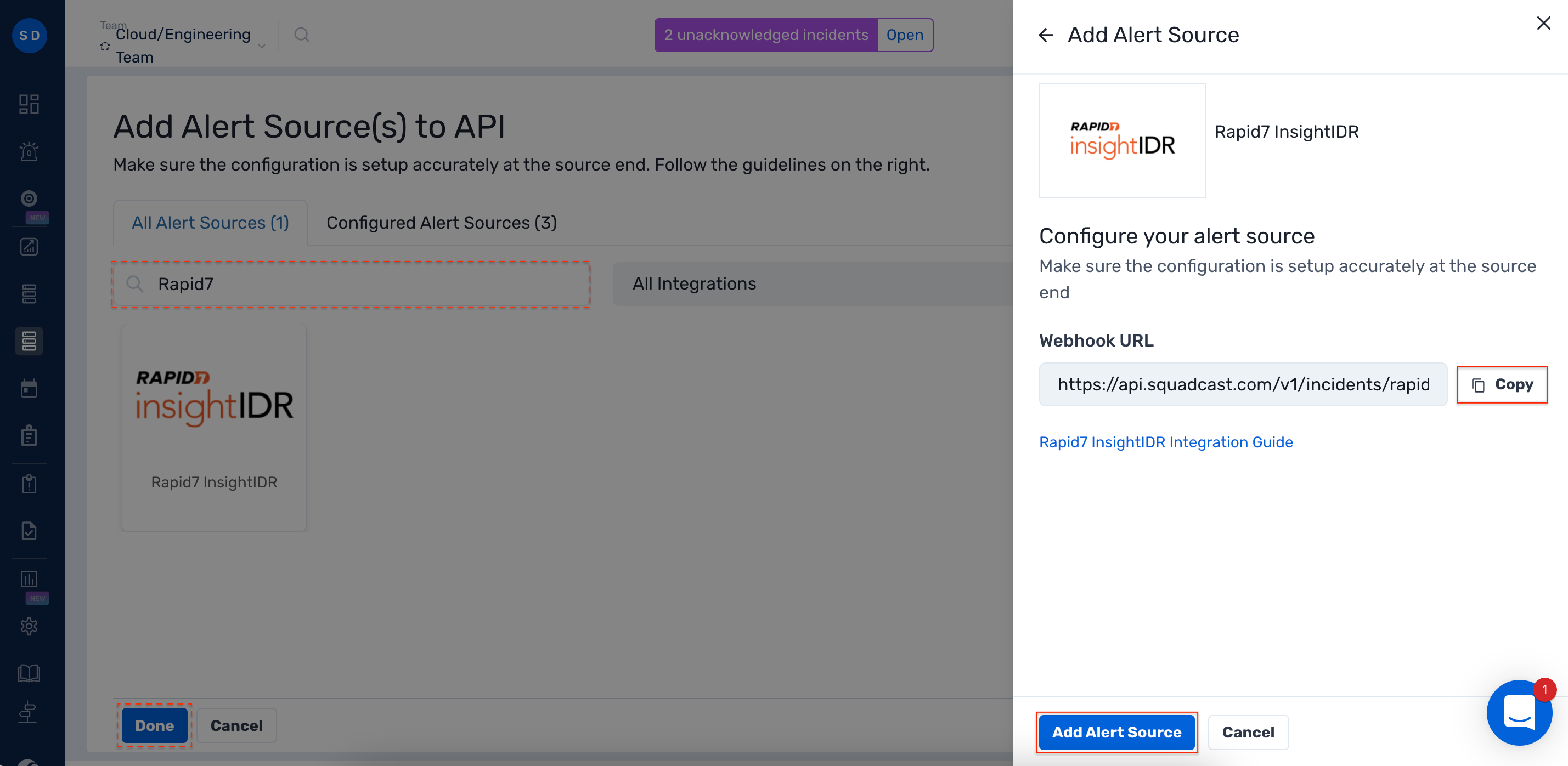Steps to add Rapid7 InsightIDR api integration to a service in Squadcast