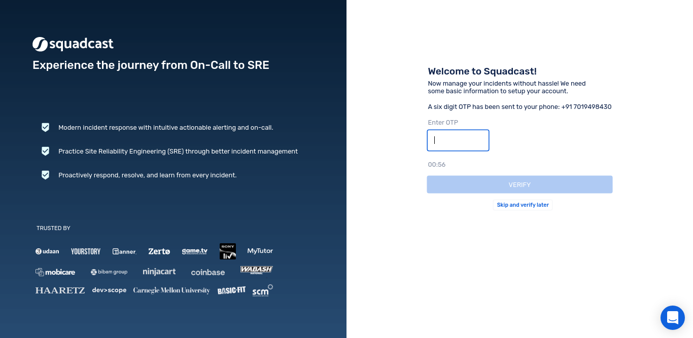 Squadcast mobile OTP verification