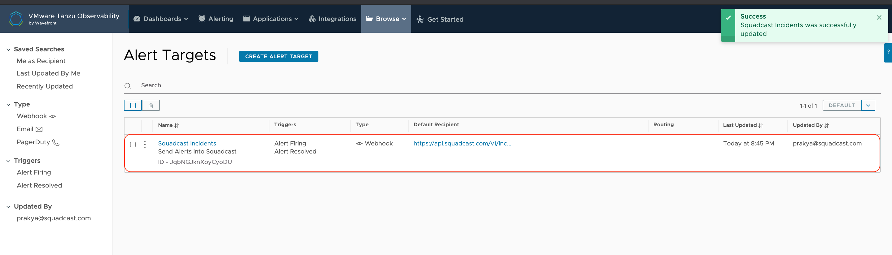 Create new Alert Target in Wavefront for Squadcast