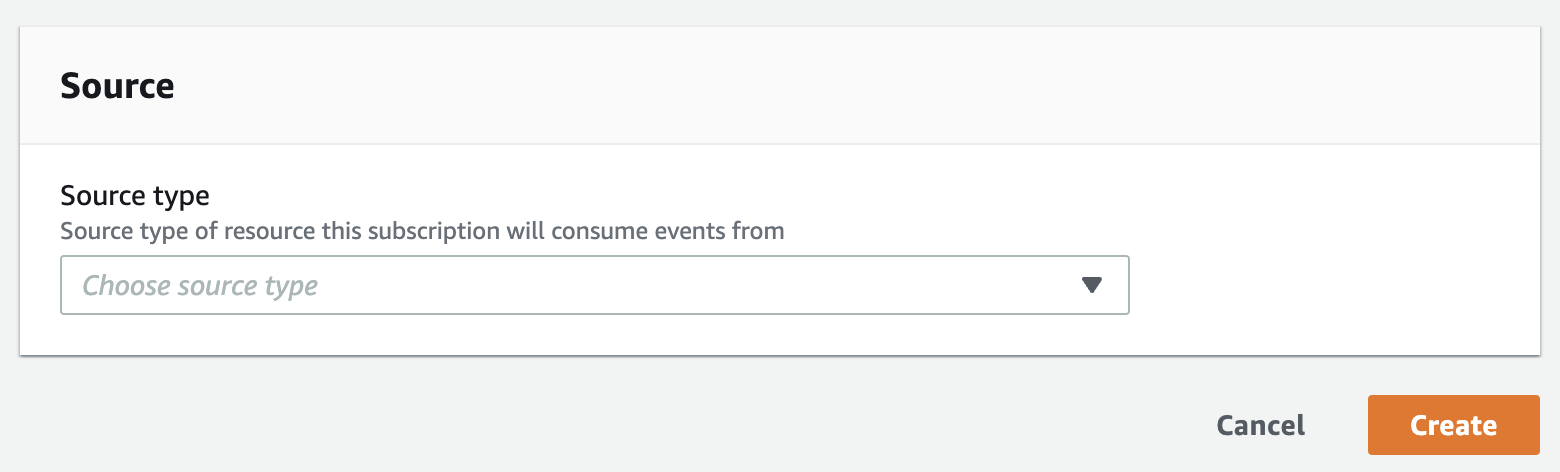 Configuring Amazon RDS in AWS: Select the appropriate Source type from the drop-down and click on Create