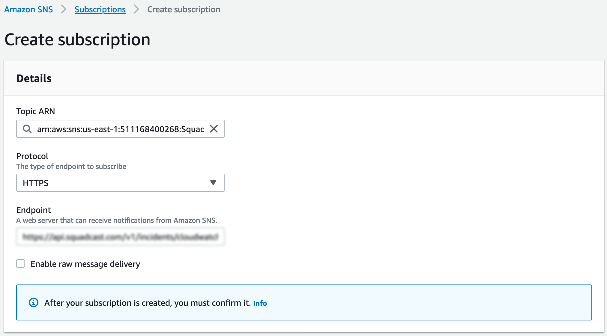 Create Subscription - Configure HTTPS Protocol and Enter Squadcast Endpoint URL for Notification Delivery