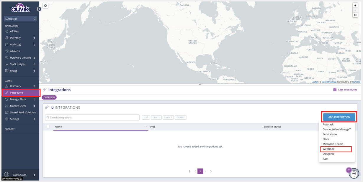 Create a Squadcast Webhook Alert in Auvik- Add integration and select Webhook