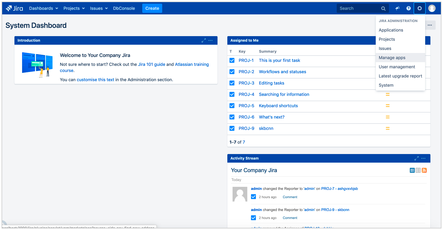 Select manage apps option on JIRA server account