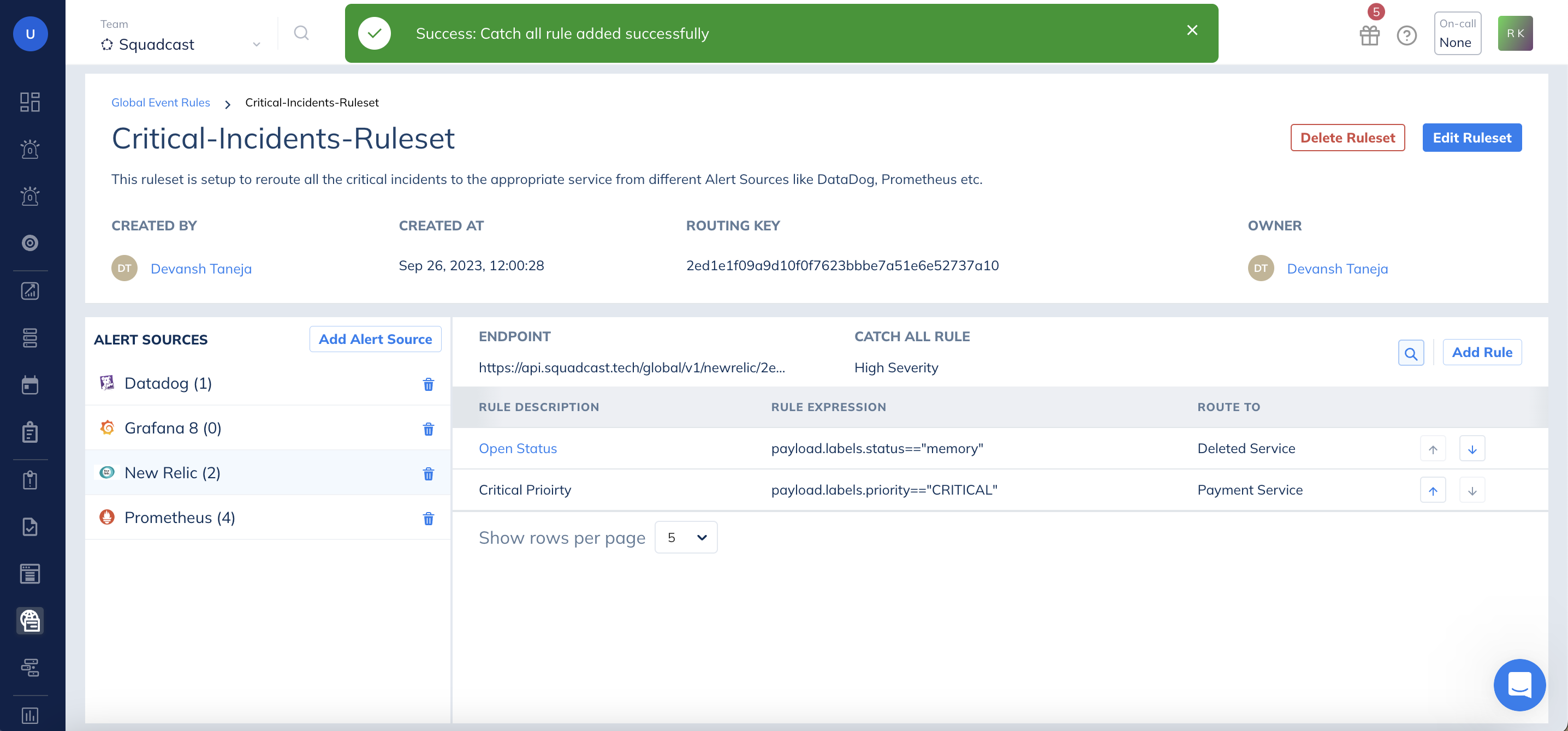 View Added Catch All Rule in Squadcast for Incident Management