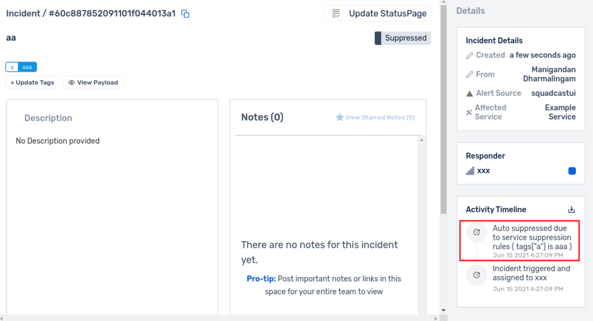 Auto Suppression update in Incident Activity Timeline