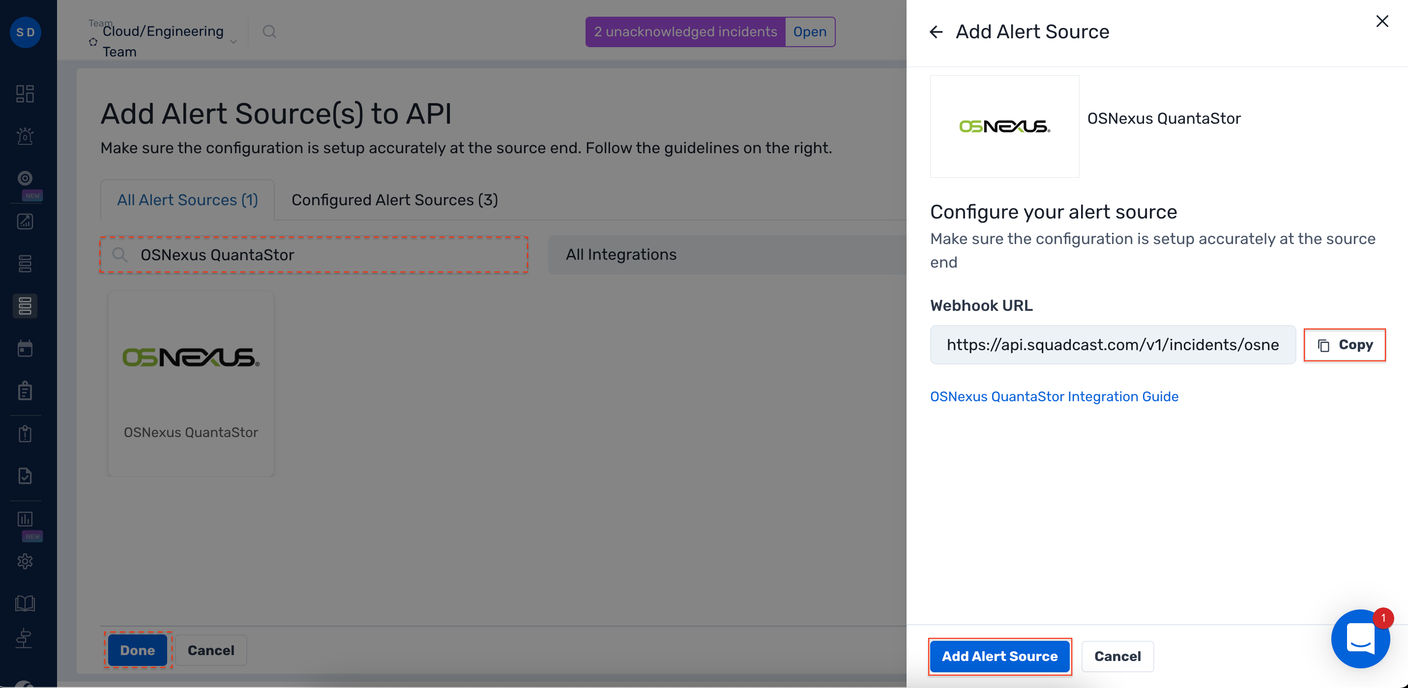 Add OSNexus QuantaStor as an alert source in Squadcast