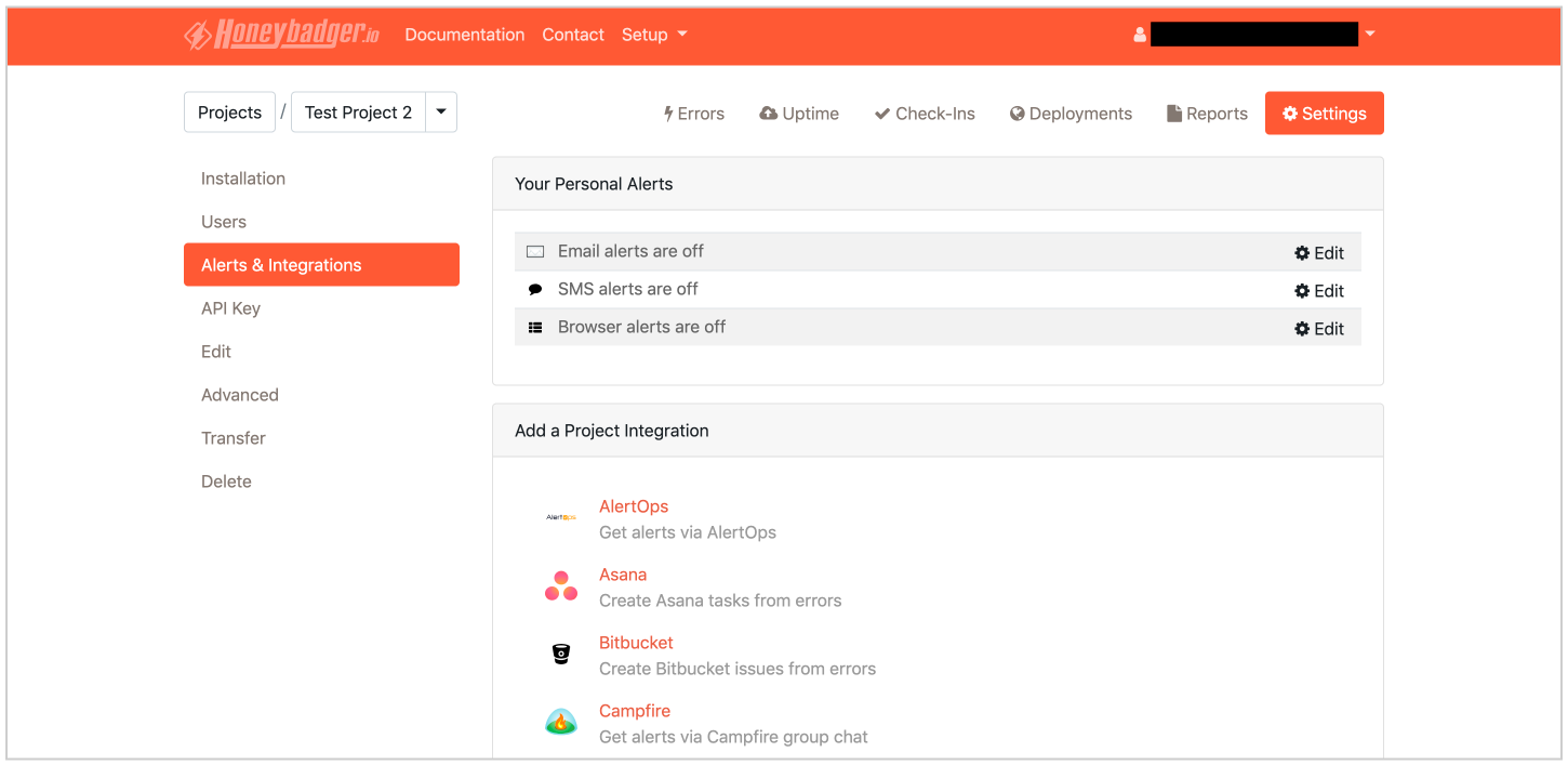 Login to create a Squadcast Webhook in Honeybadger