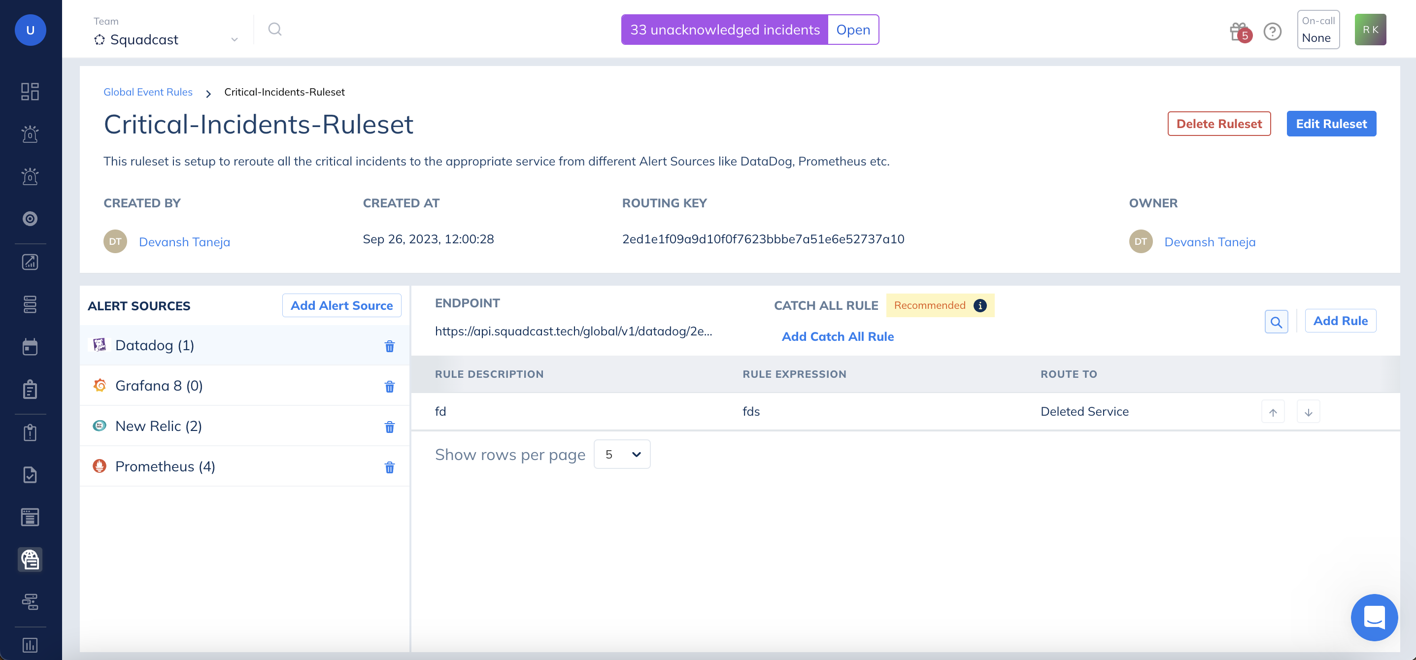 Details for added Ruleset in Squadcast for Incident Management
