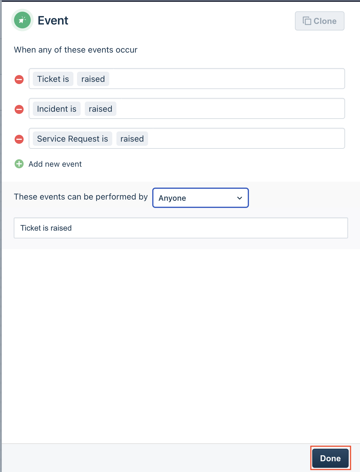 Adding events for raising tickets for incident management