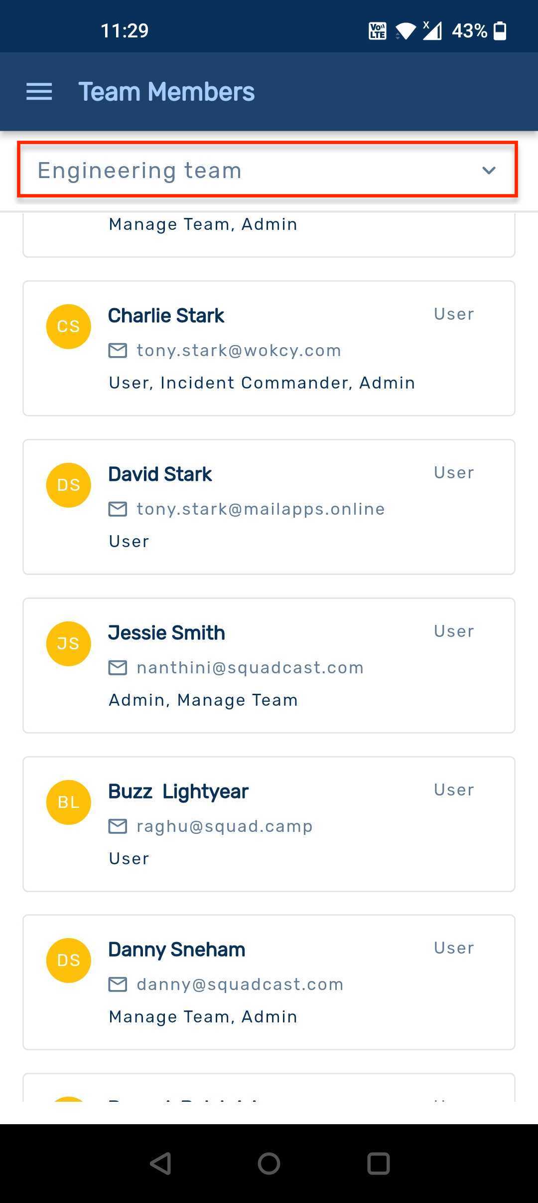 Roster for the selected team