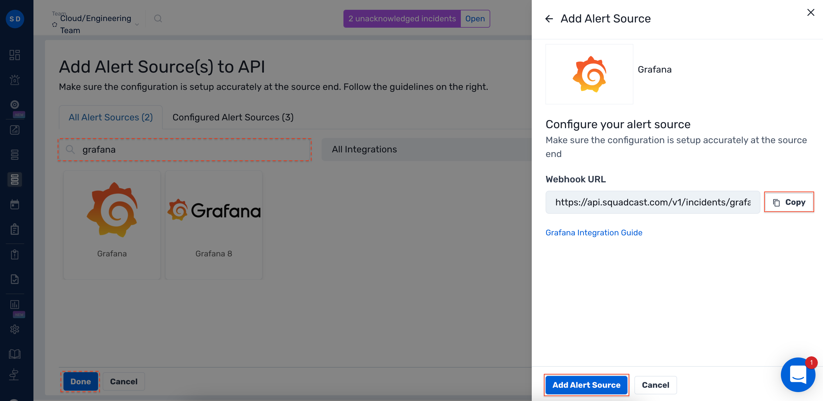Steps to add Grafana integration to a service in Squadcast