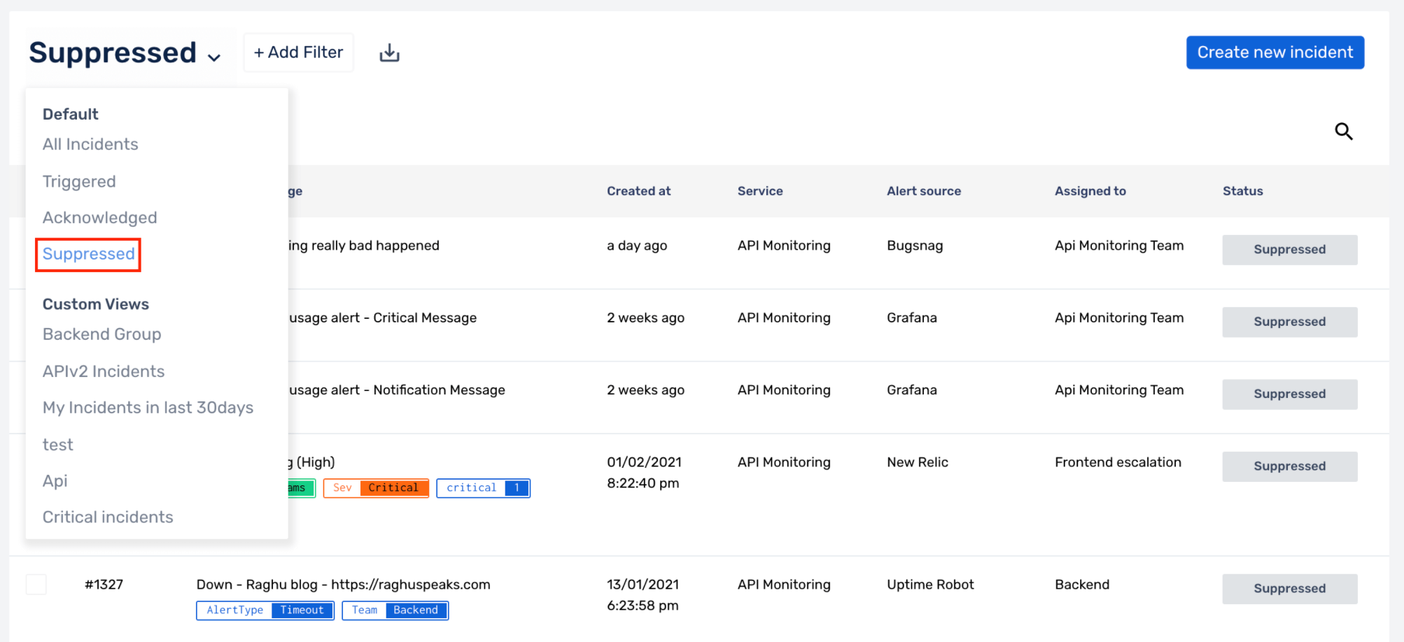 how to view Suppressed Incidents in Squadcast