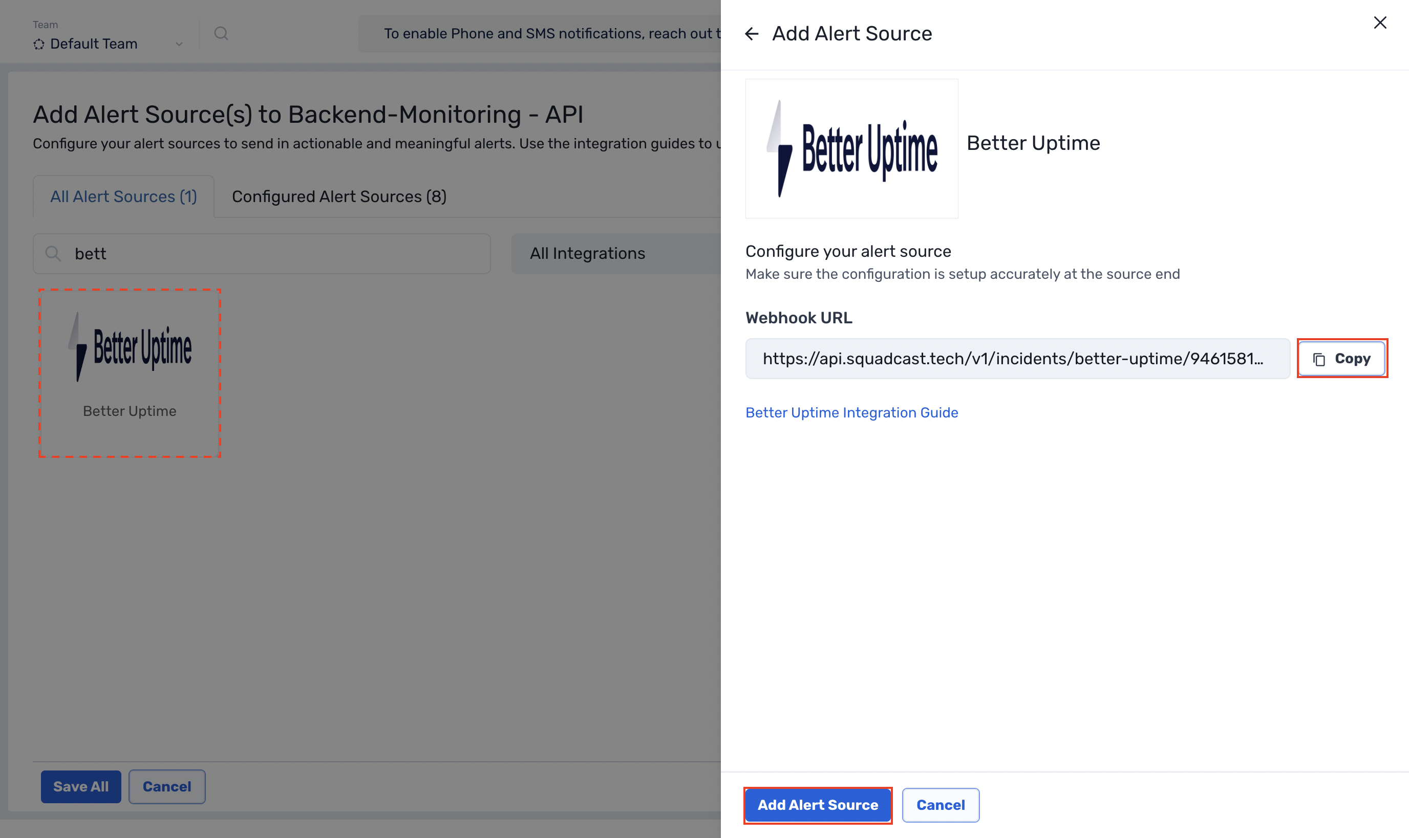 Steps to add Better Uptime integration to a service in Squadcast