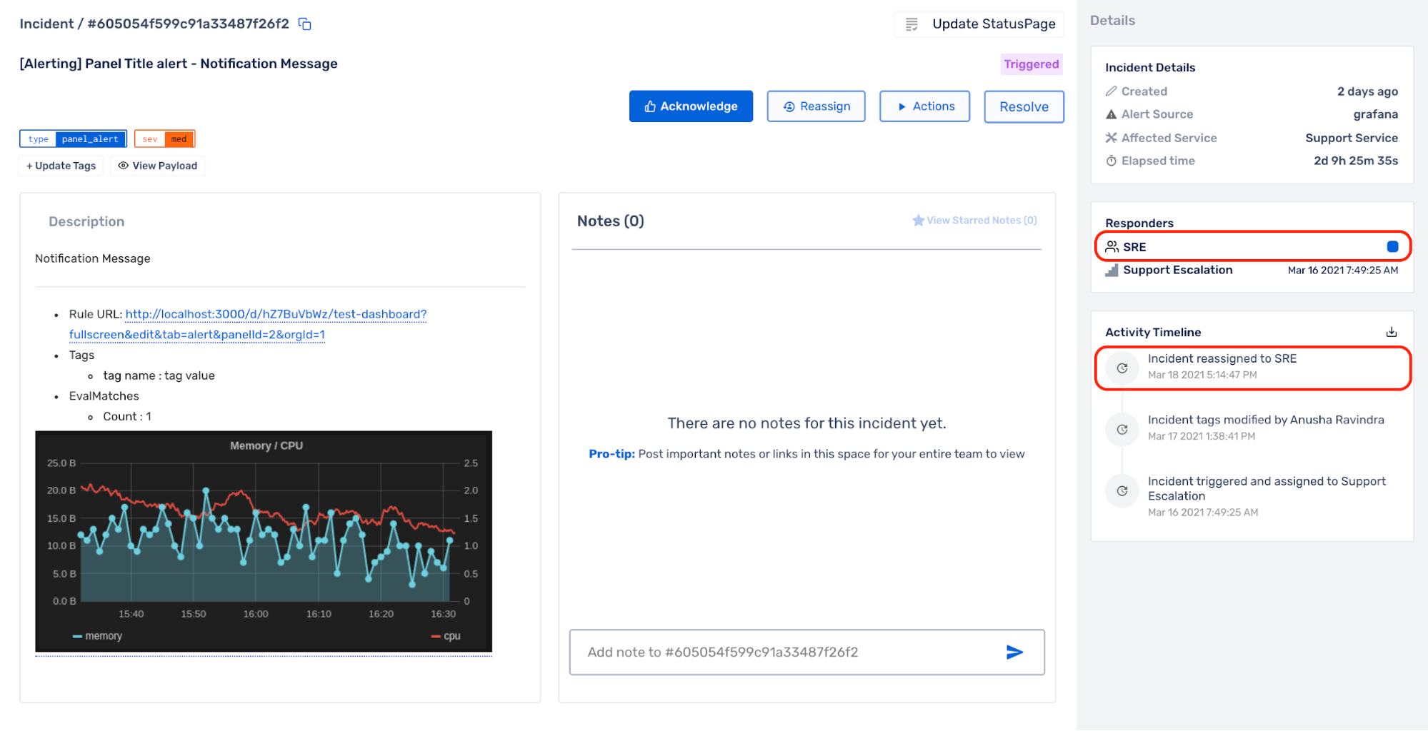 The Incident Activity Timeline - incident reassignment