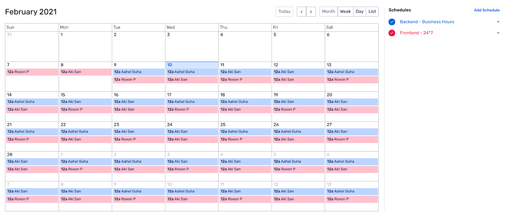Monthly View of an On-Call Schedule