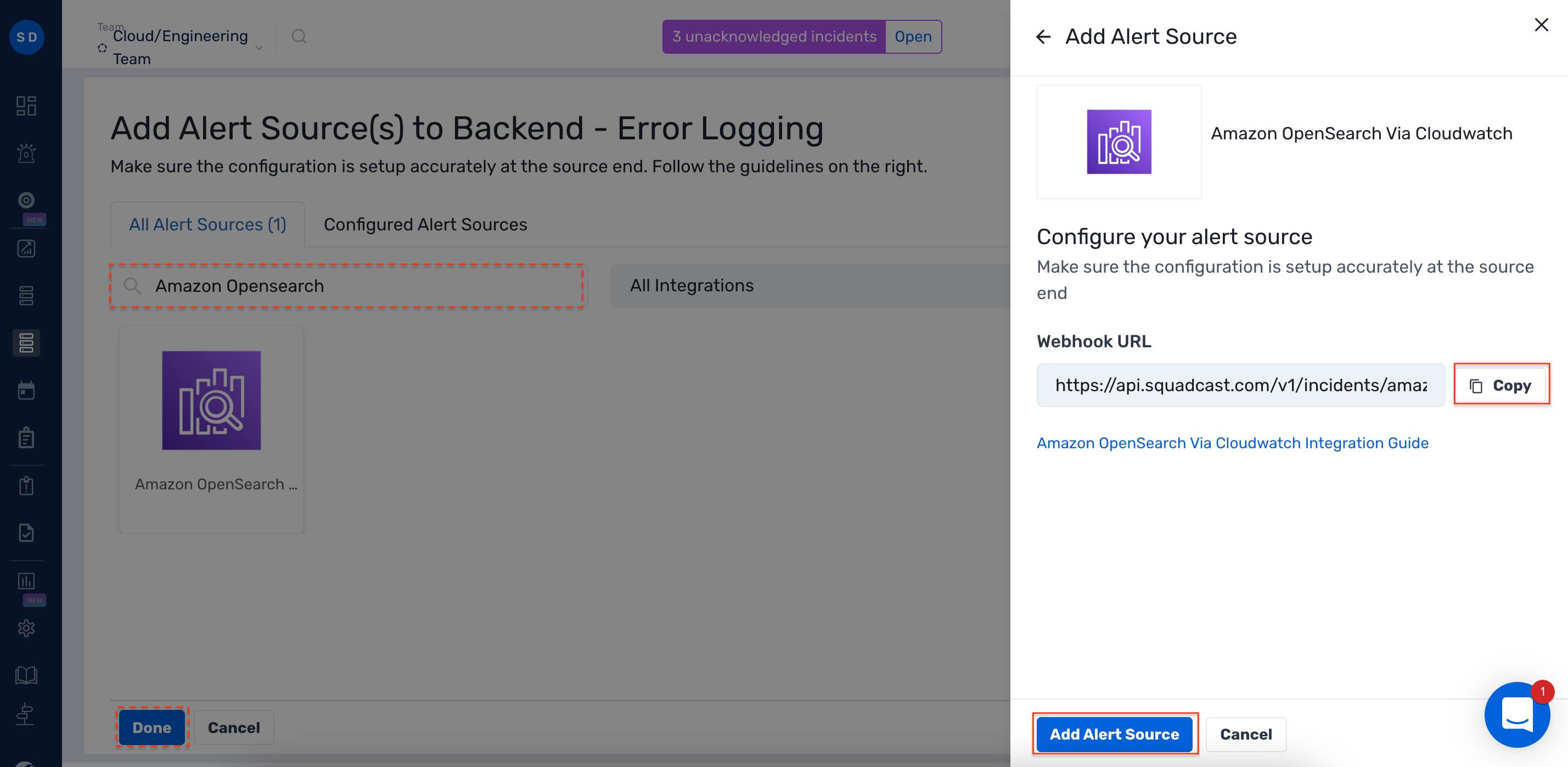 Webhook URL configuration within Amazon Opensearch in Squadcast