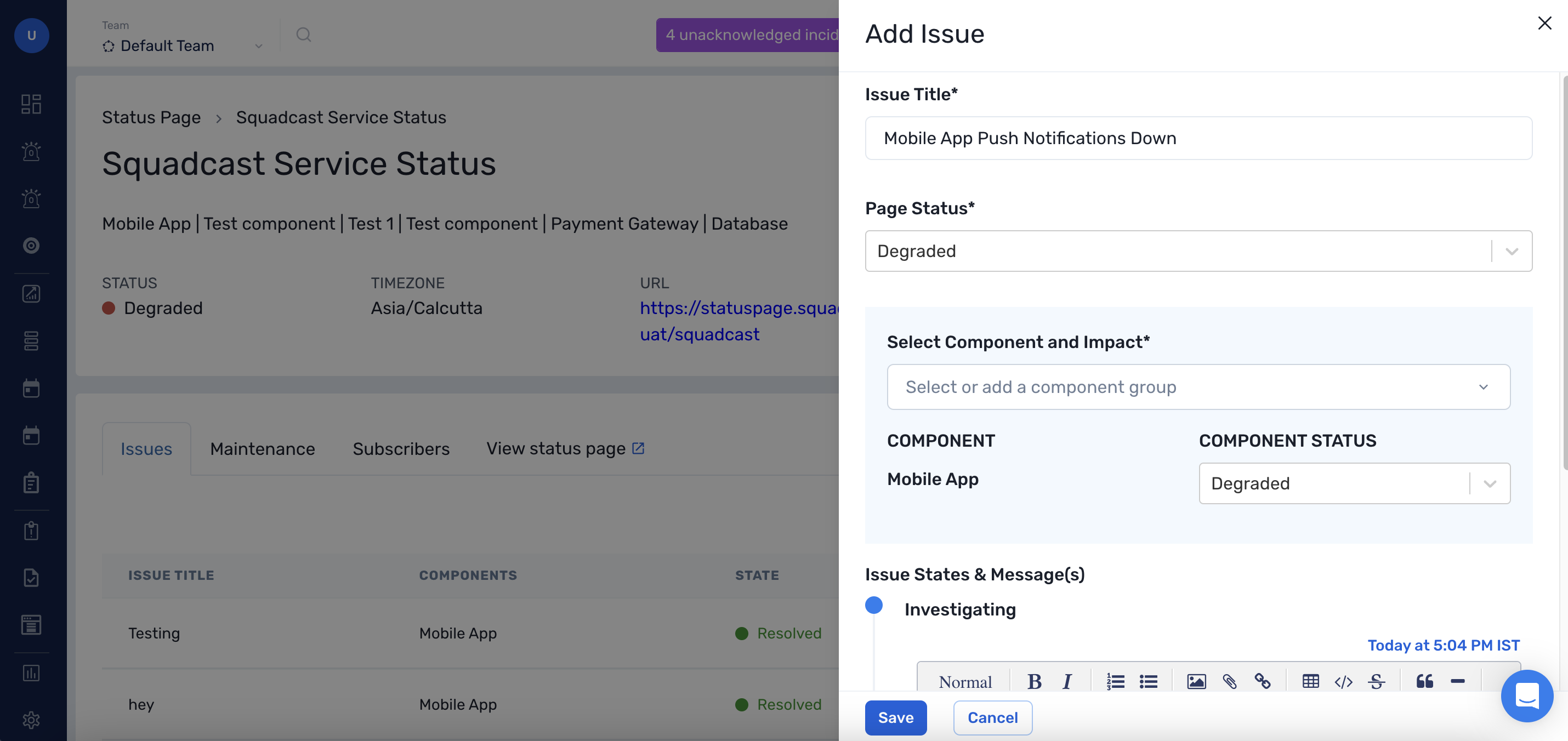 Add an Issue in Status Page