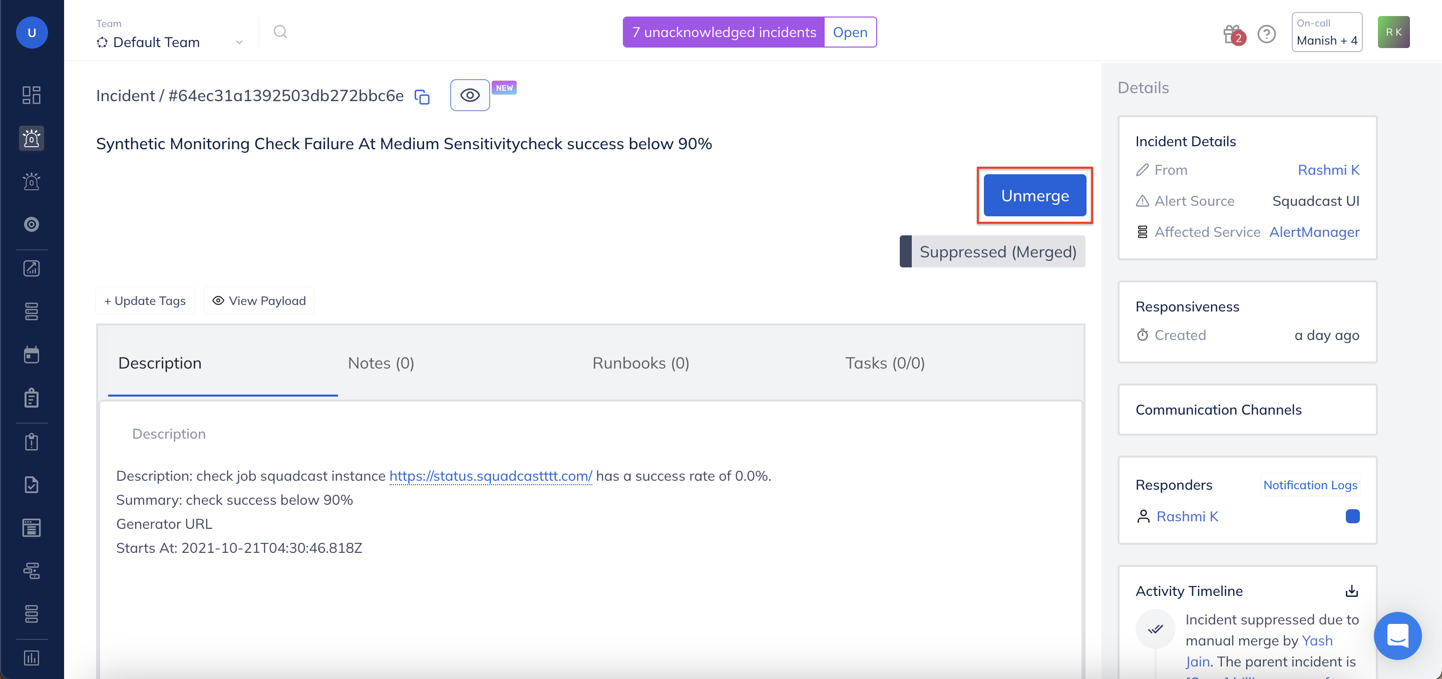 Unmerge Incidents from Child Incident Details page in Squadcast for Incident Management