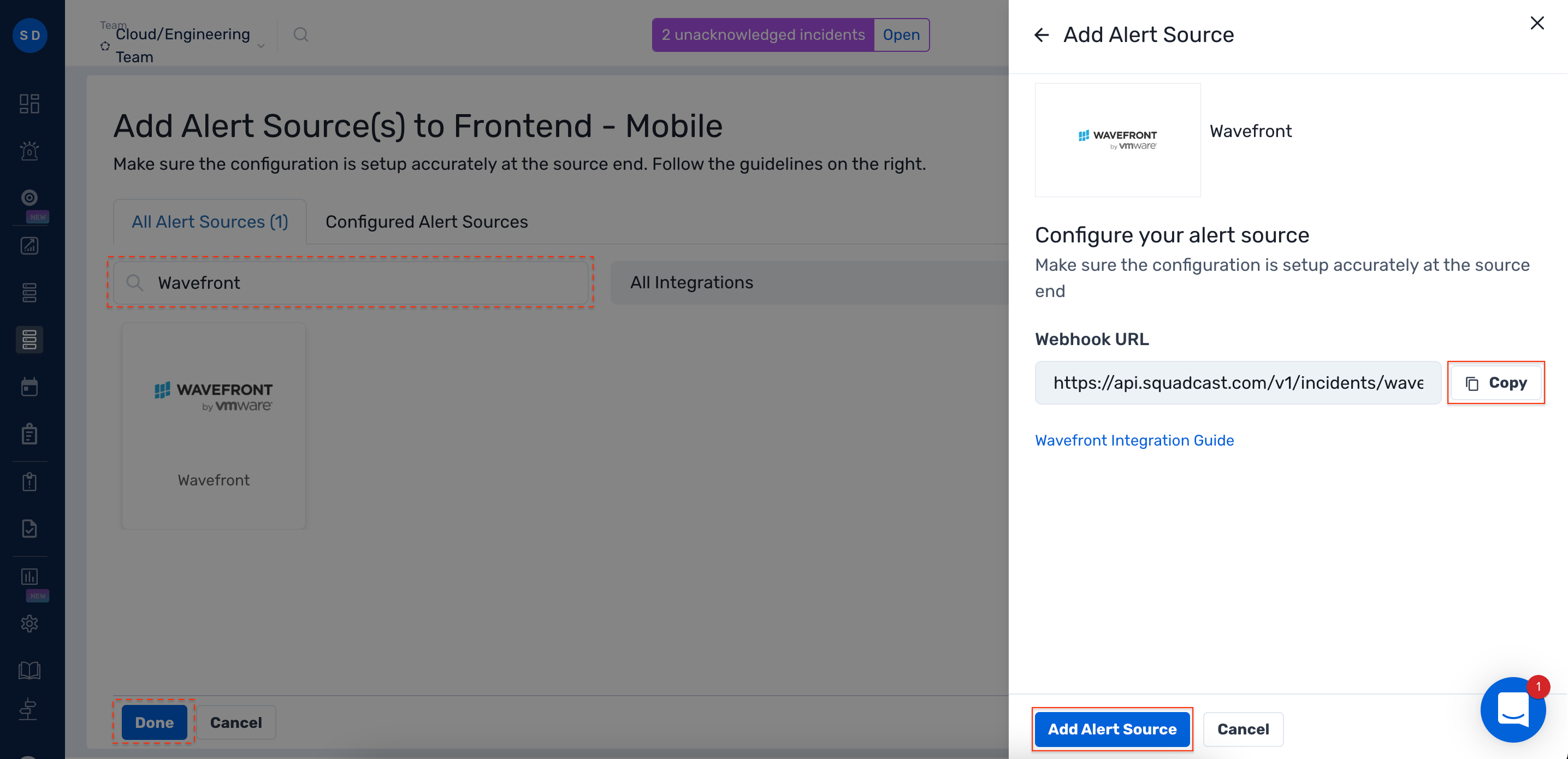 Steps to add Wavefront integration to a service in Squadcast