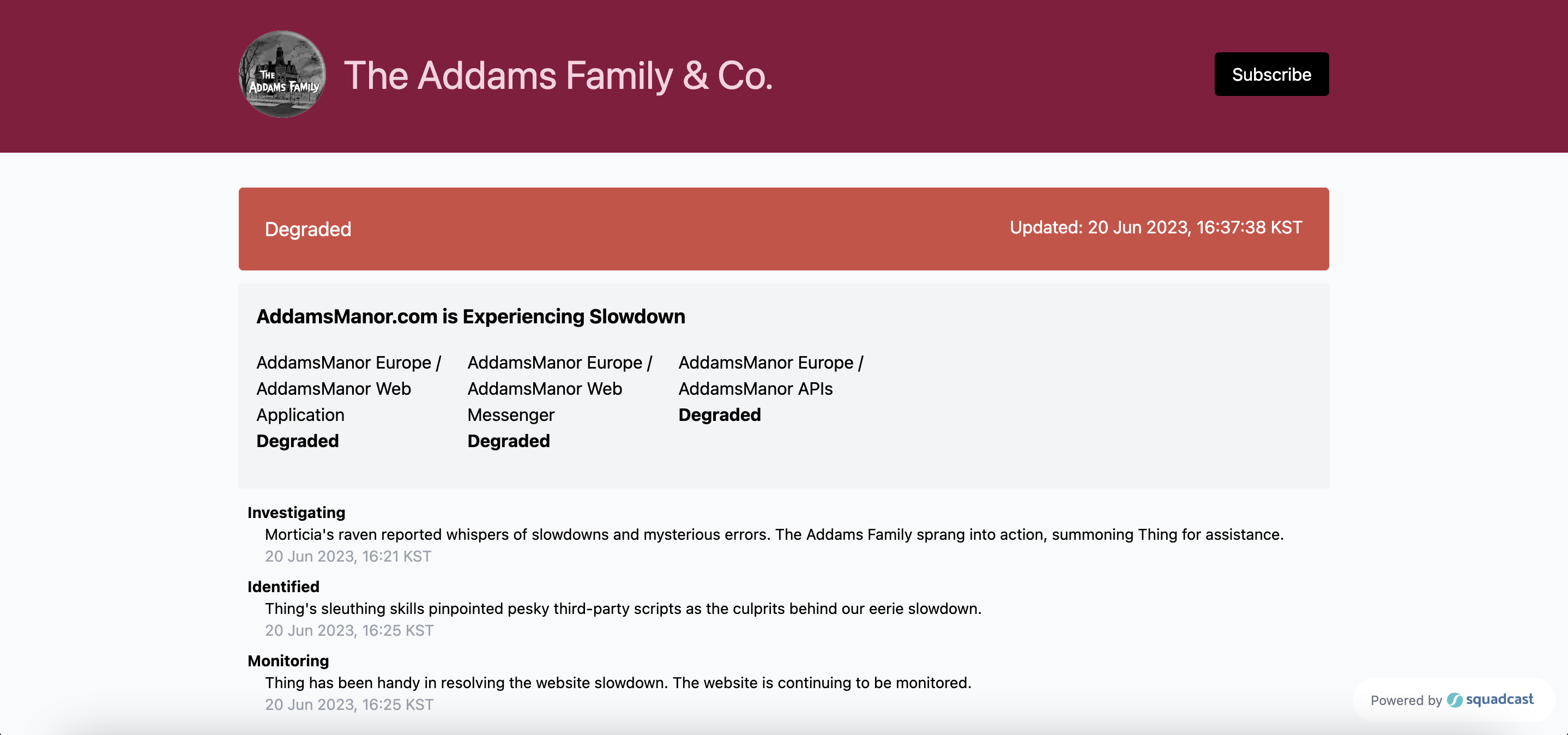 Status Page created in Squadcast