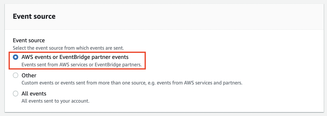 select AWS event source as AWS events or EventBridge partner events