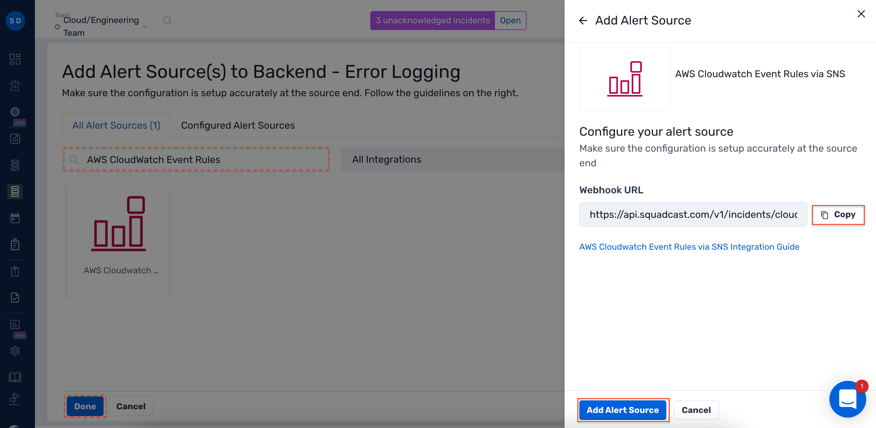 Webhook URL configuration within Amazon CloudWatch Event Rules in Squadcast