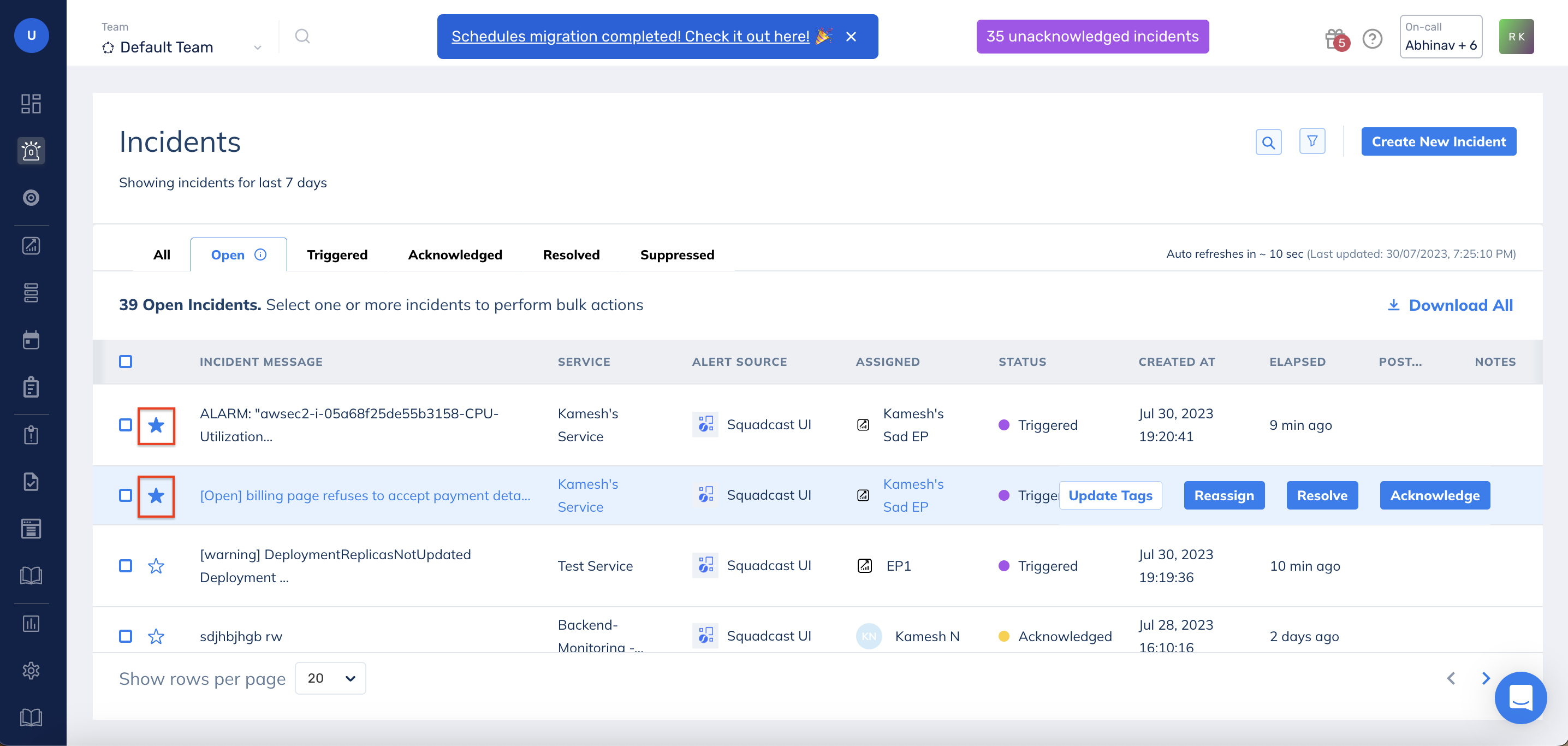 Star Important Incidents in Squadcast for Incident Management