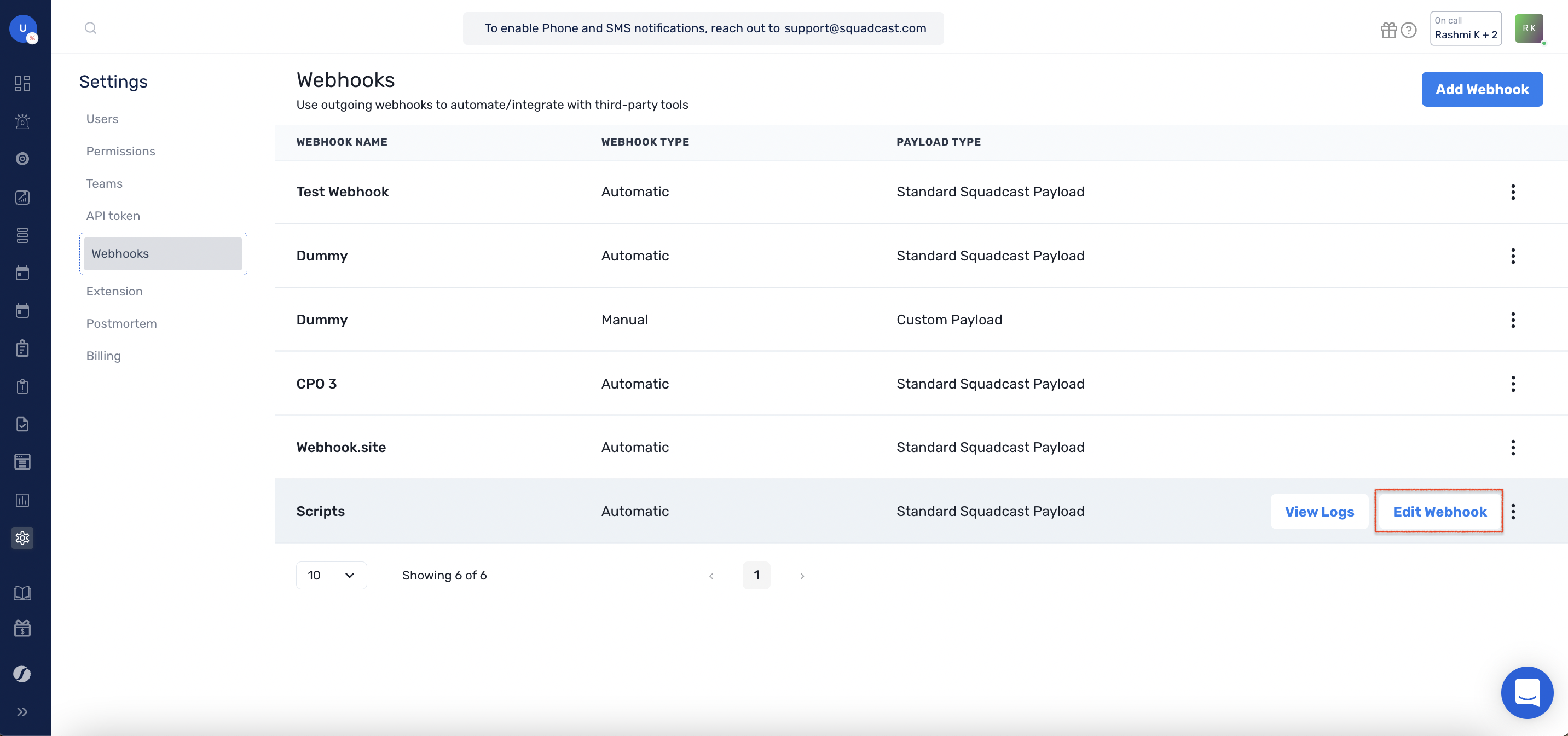 Steps to edit a Webhook