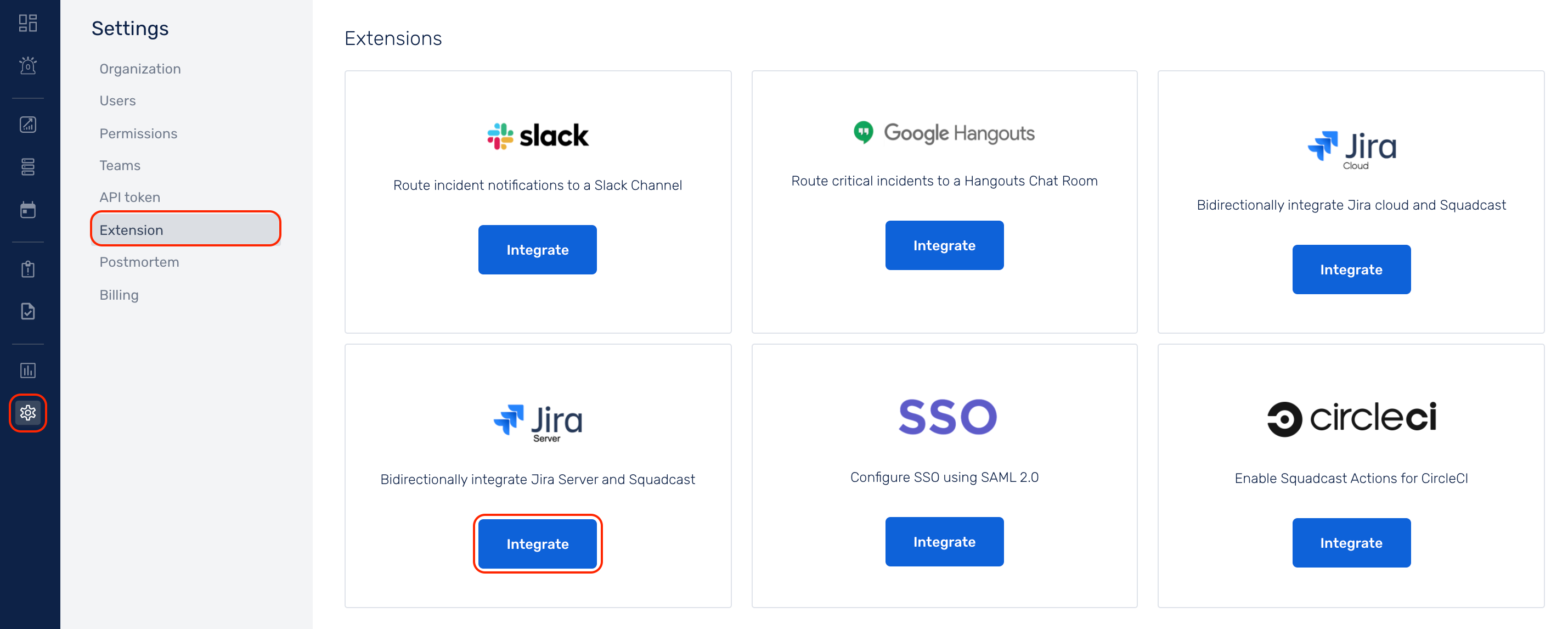 Integrate the JIRA cloud extension from Squadcast extension tab