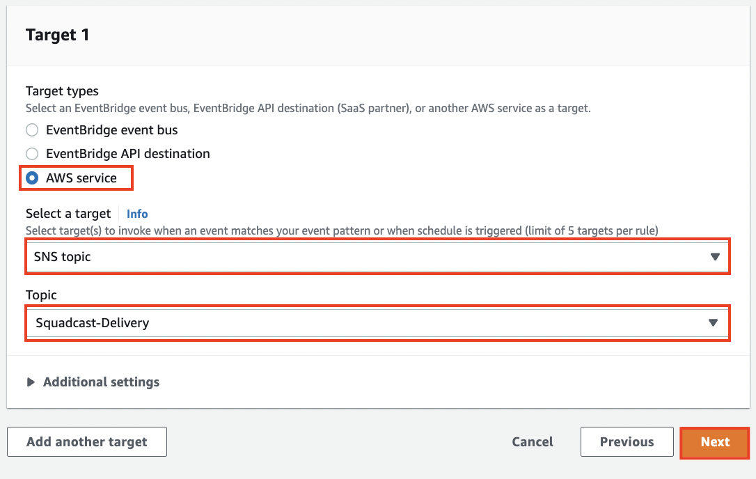 Selection of Target type: AWS service, target: SNS topic, Topic: Squadcast delivery to complete guardDuty integration