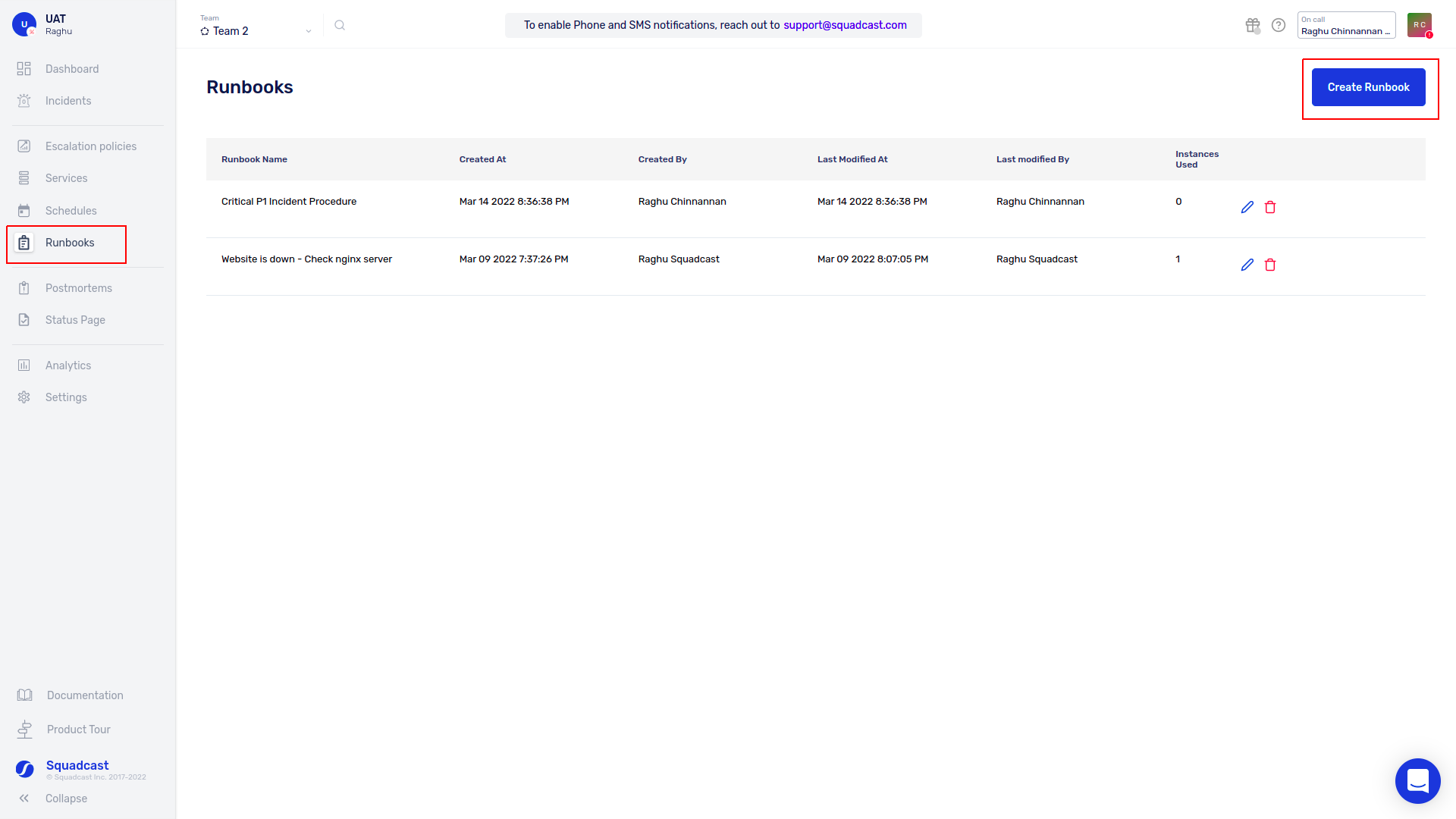 Squadcast dashboard - Create Runbook