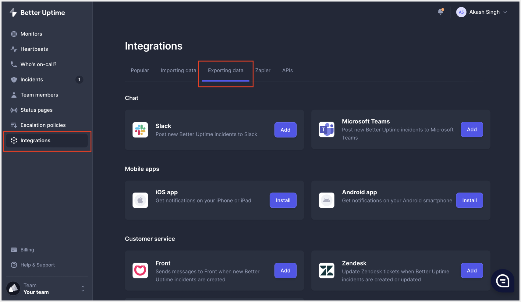 Creating Squadcast Webhook Alert in Better Uptime: Access dashboard, go to Integrations, and click on Exporting data.