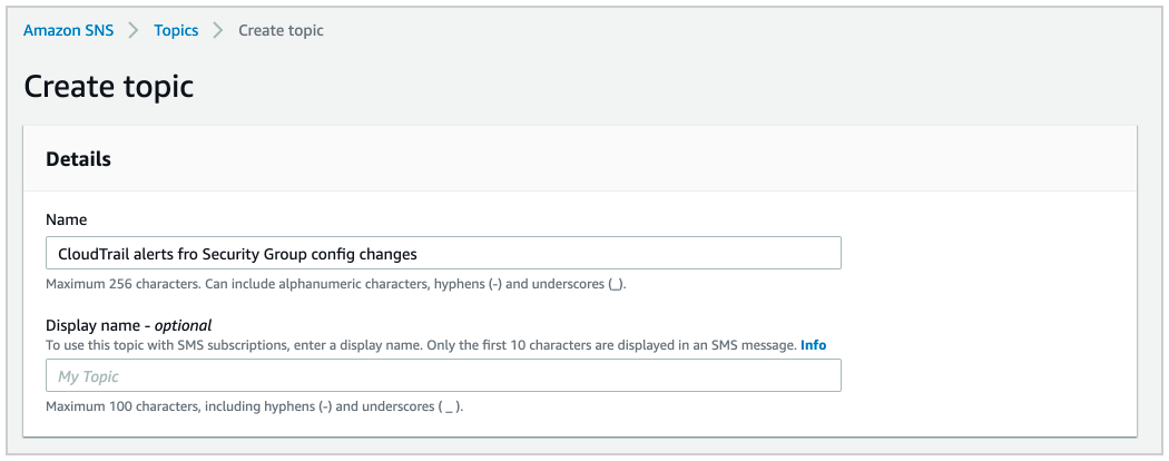 Create CloudTrail Alarm Endpoint - AWS SNS: Create Topic