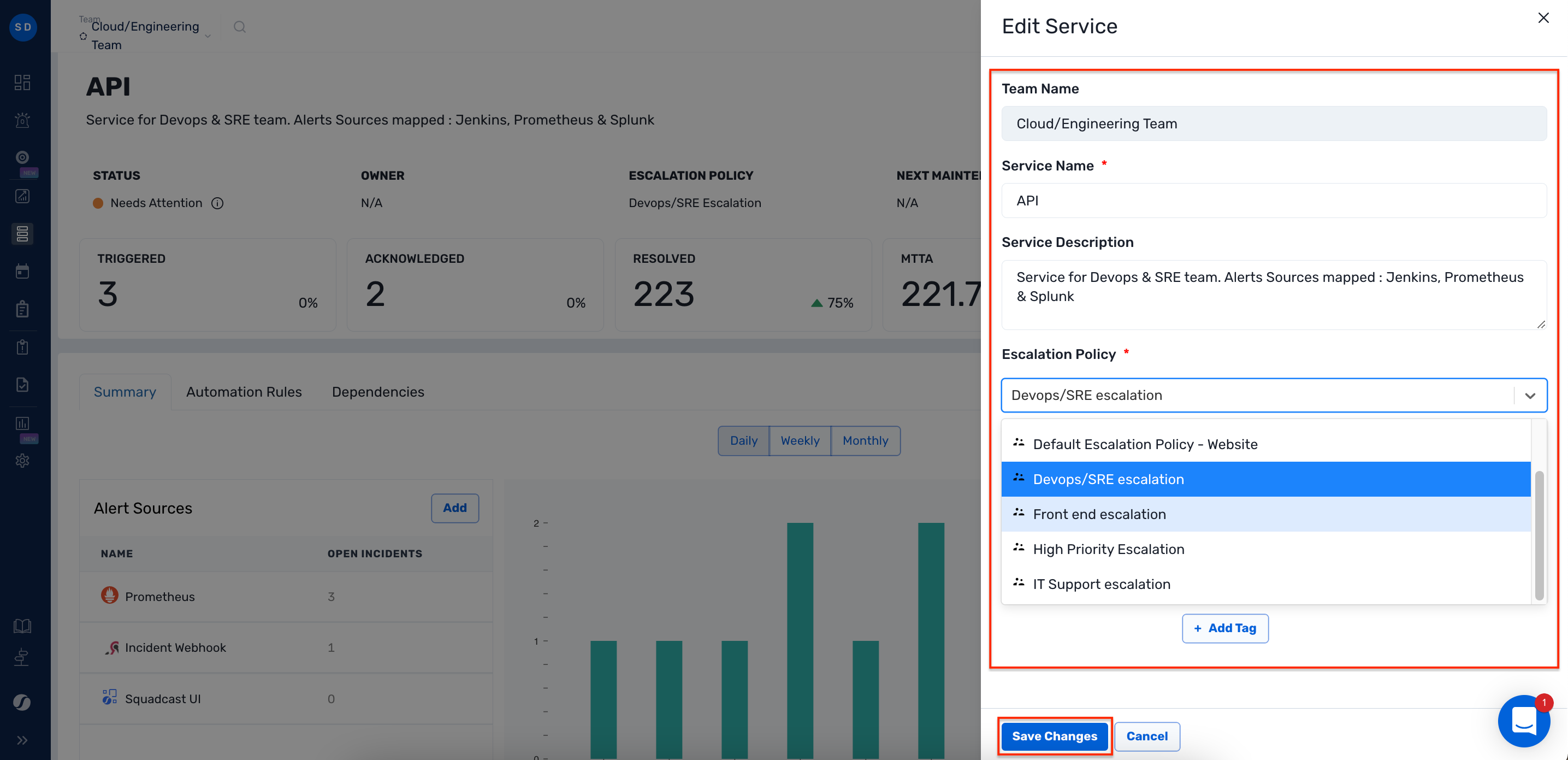how to edit Service’s Escalation Policy