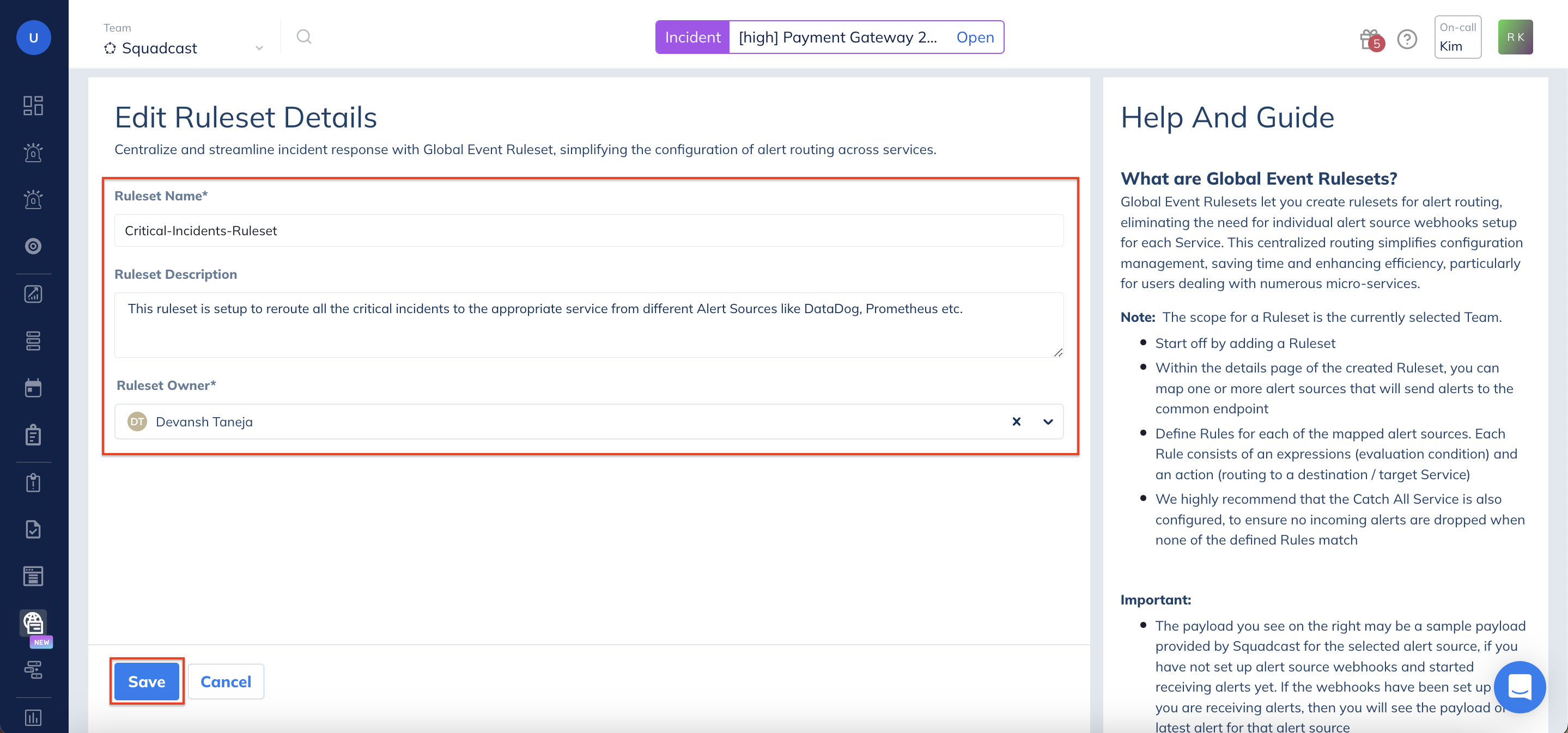 Add Ruleset in Squadcast for Incident Management