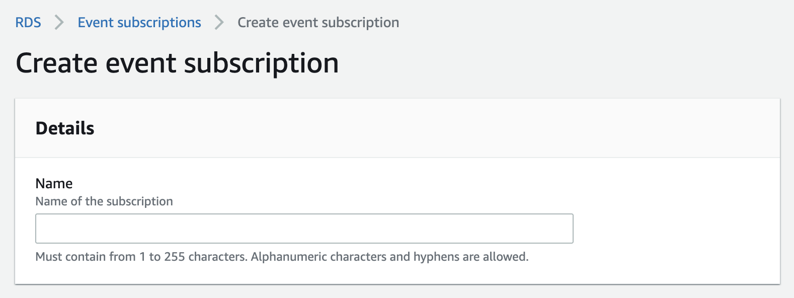 Configuring Amazon RDS in AWS: Create event subscription Name