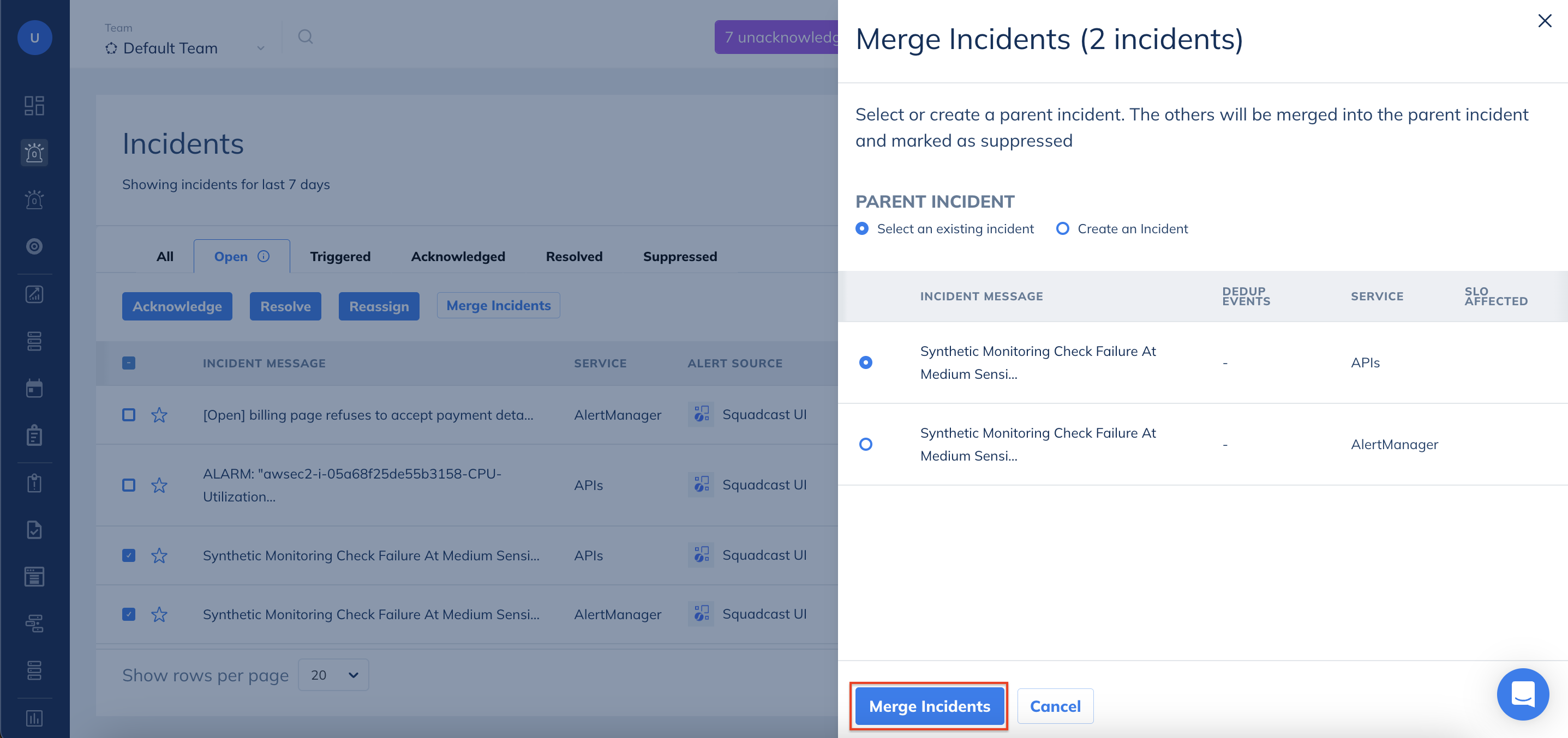Select or Create a parent Incident in Squadcast for Incident Management