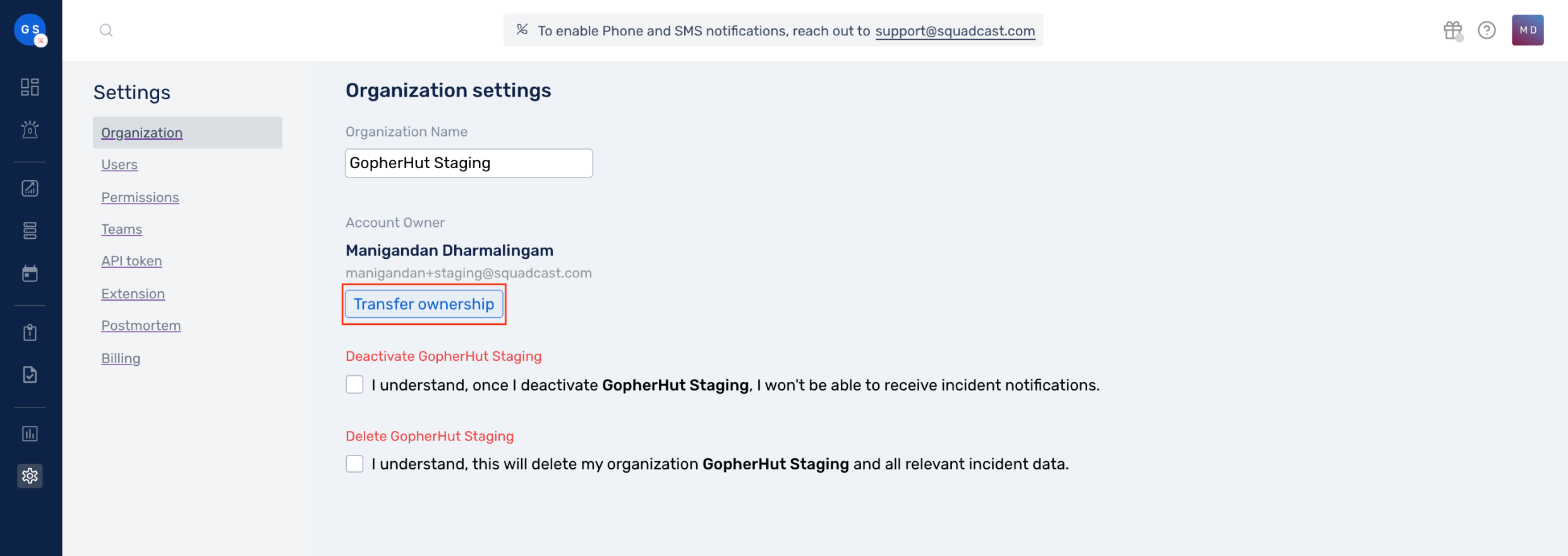 how to transfer Organization Ownership in Squadcast